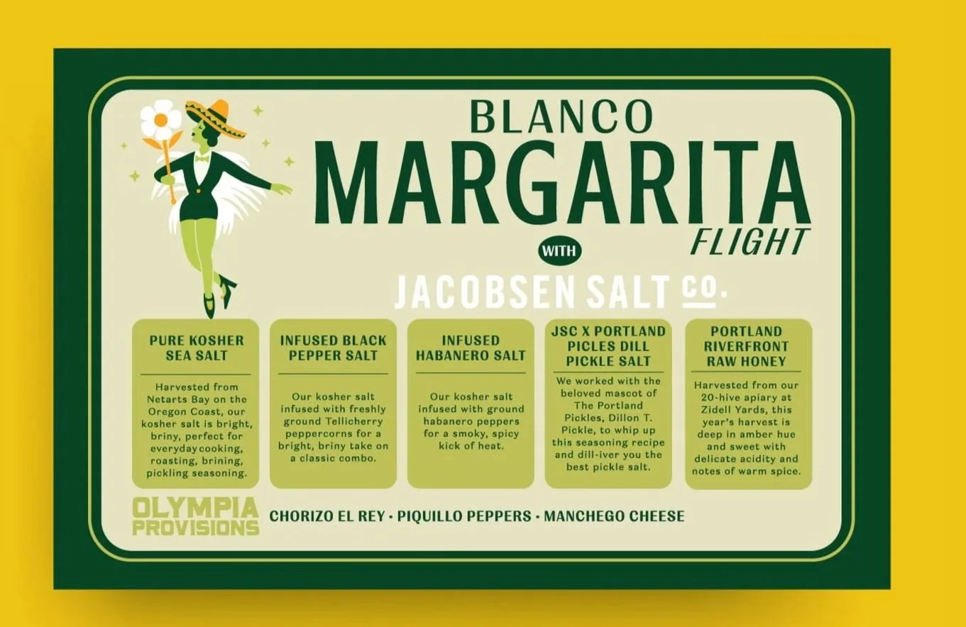 Label for Blanco Margarita Flight by Jacobsen Salt Co. featuring various salt and seasoning products, with a decorative illustration of a woman in a green dress and hat holding a flower, set against a yellow background.