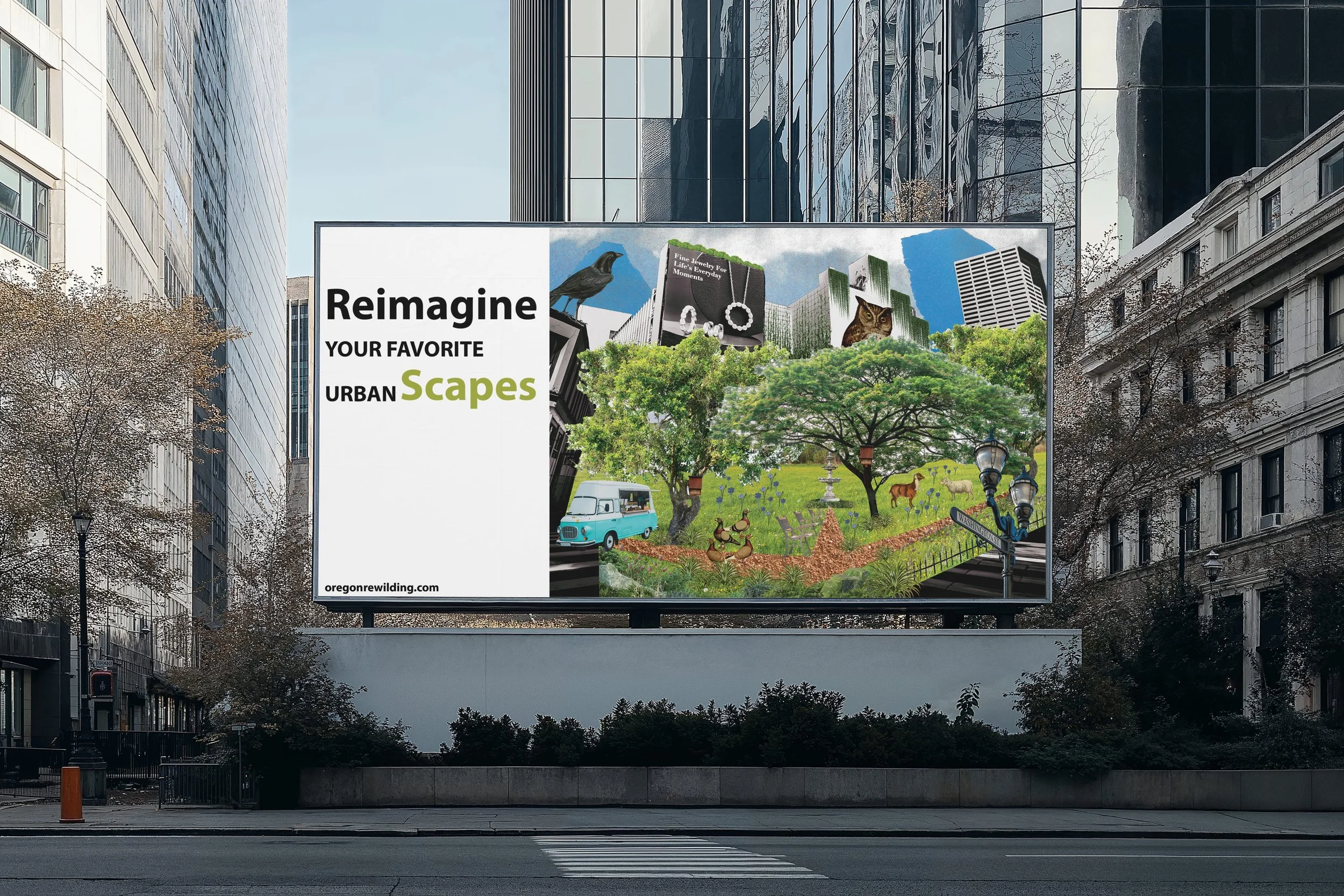 Billboard advertisement for urban parks, featuring illustrations of trees, animals, and city buildings with the text 'Reimagine Your Favorite Urban Scapes' and a website link.