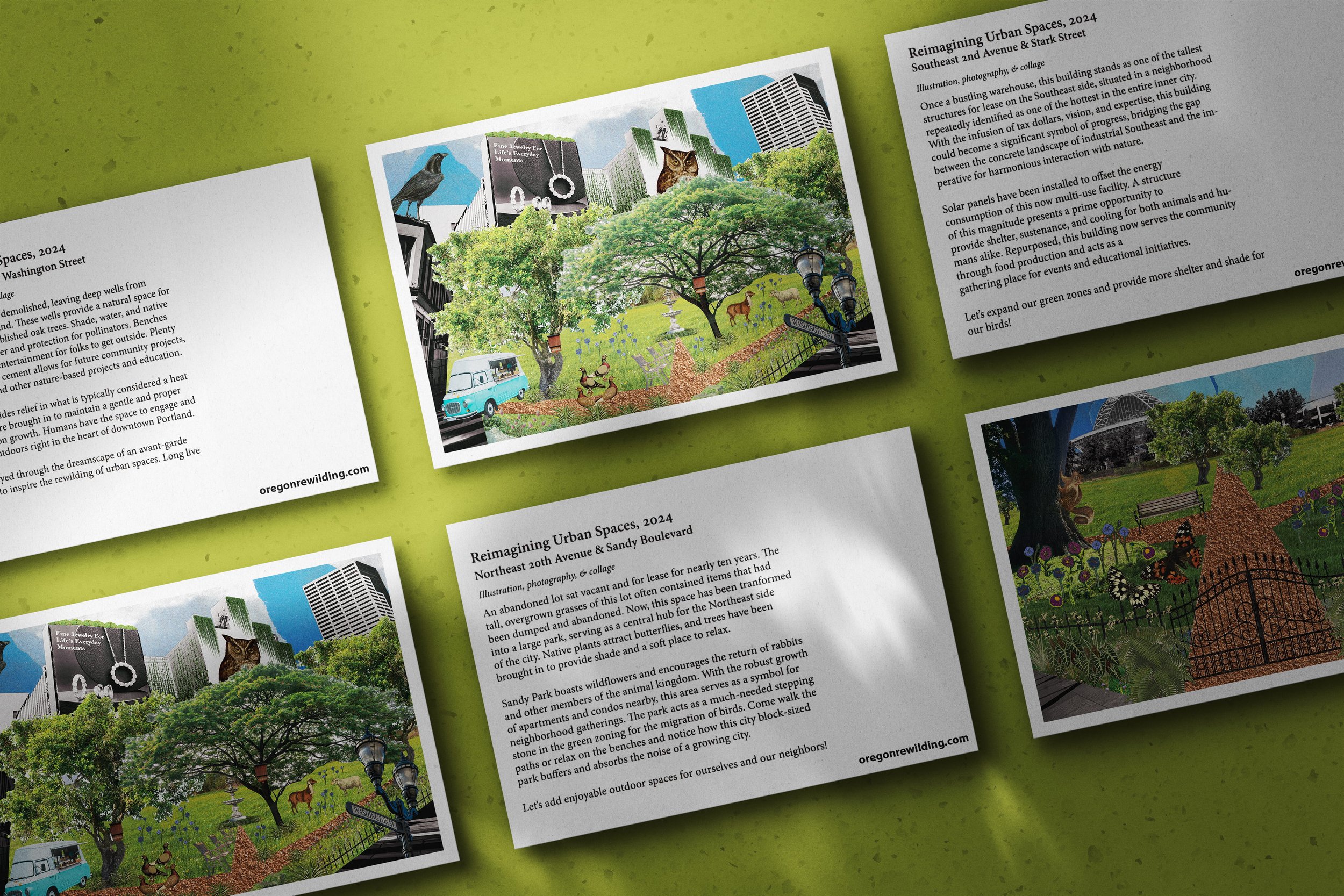 Brochures and flyers about urban spaces and community projects, featuring illustrations of parks, trees, birds, animals, and cityscapes on a green surface.