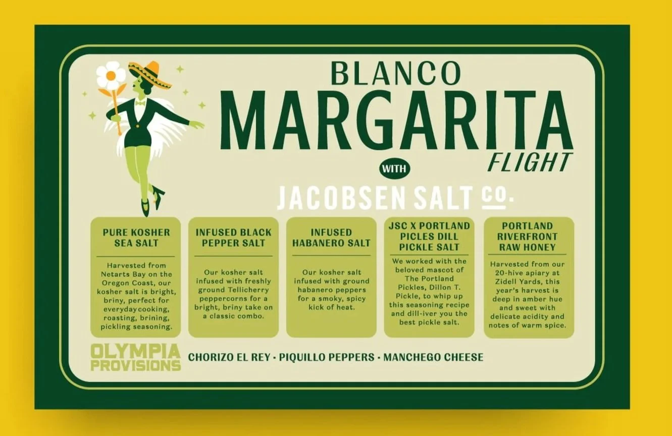 Packaging label for Blanco Margarita Flight by Jacobsen Salt Co., featuring a illustration of a woman with a flower and hat, and descriptions of flavored salts including pure kosher sea salt, infused black pepper salt, infused habanero salt, pickle salt, and raw honey, with additional ingredients listed at the bottom.
