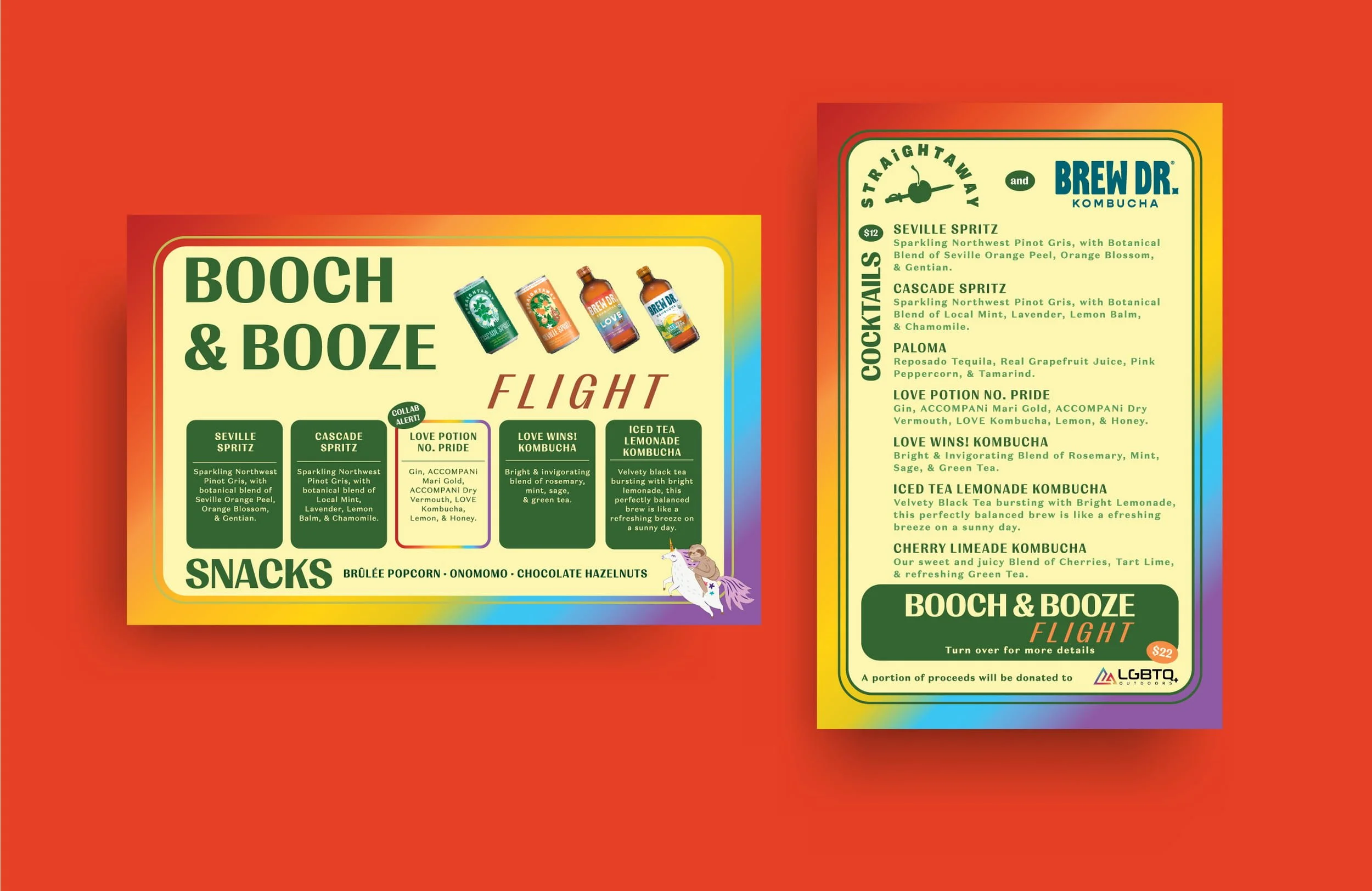 A promotional flyer for Booch & Booze Flight, featuring various canned drinks, snacks, and a menu of cocktails, teas, and beverages with flavor descriptions, priced at $12 and $22, with a portion of proceeds donated to LGBTQ+ organization, on a rainbow-colored background.