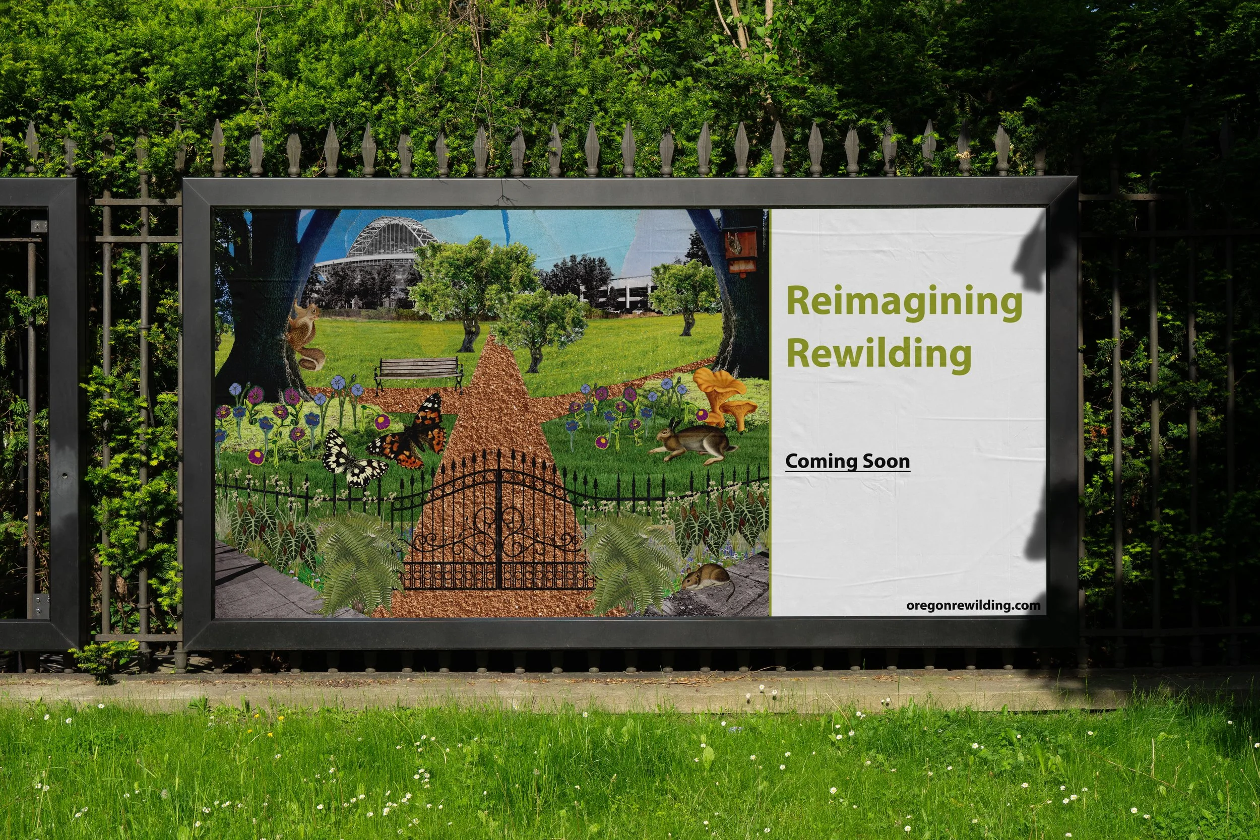 An outdoor billboard advertising the upcoming 'Reimagining Rewilding' project with a colorful illustrated park scene featuring trees, butterflies, rabbits, mushrooms, ferns, and a star-shaped mound, with a black wrought iron fence at the foreground and a background of lush greenery.