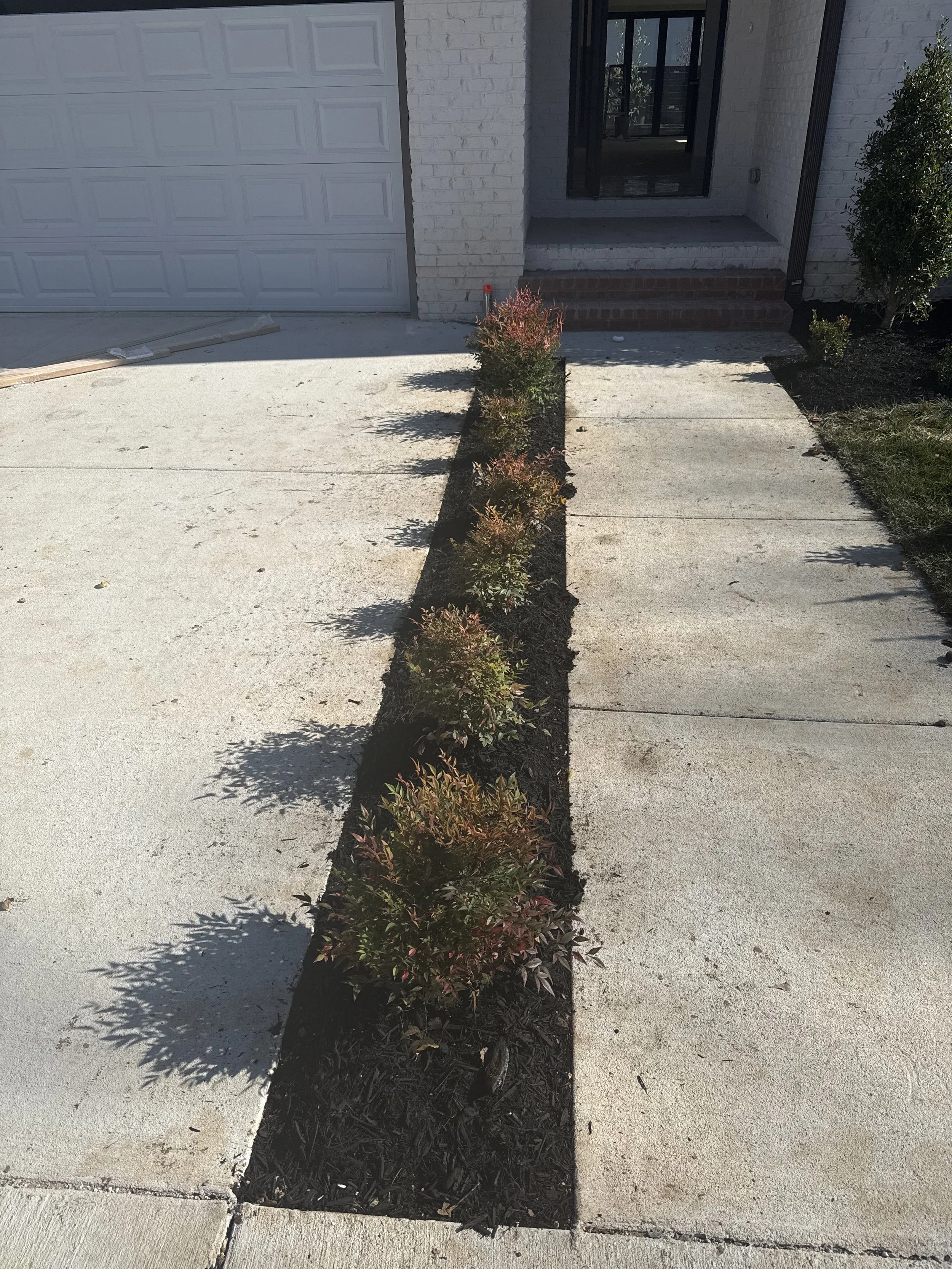 A narrow strip of soil with young shrubs runs through a concrete driveway in front of a house with a white brick wall and a garage door.