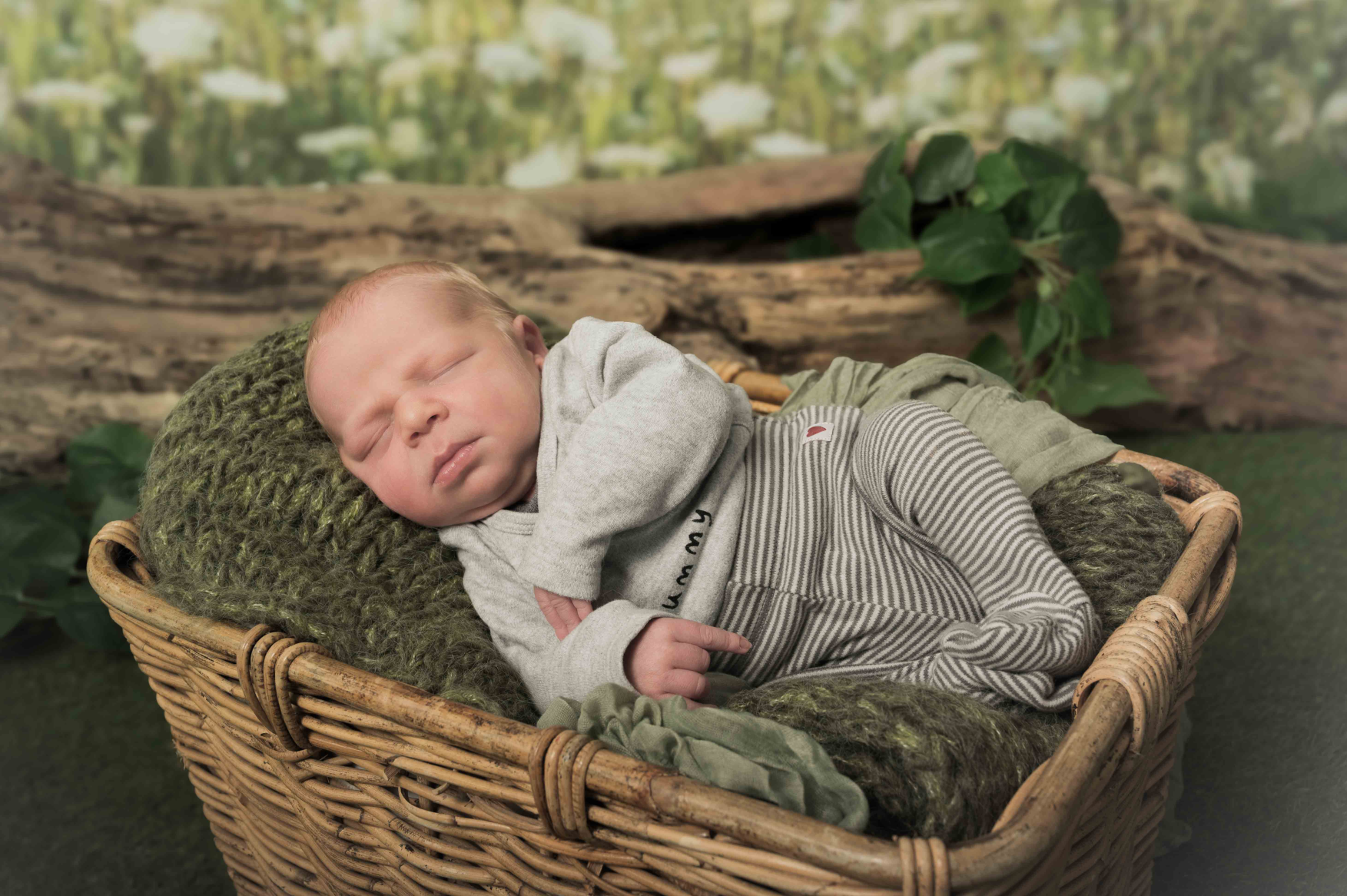 A sleeping baby lying in a wicker basket on a soft blanket with a mossy pillow.