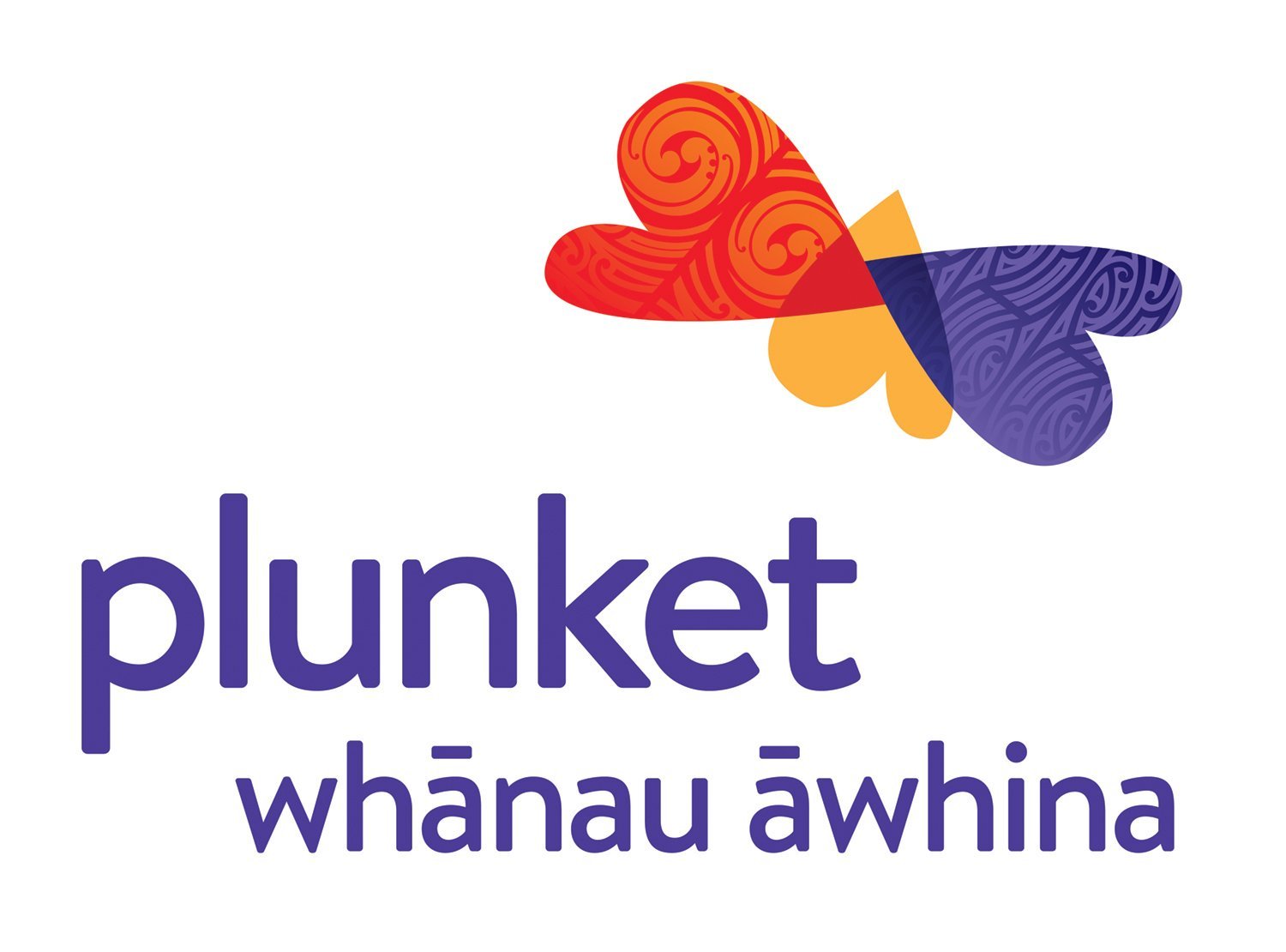 Logo of Plunket with a colorful butterfly and the words 'plunket whānau àwhina' in purple.