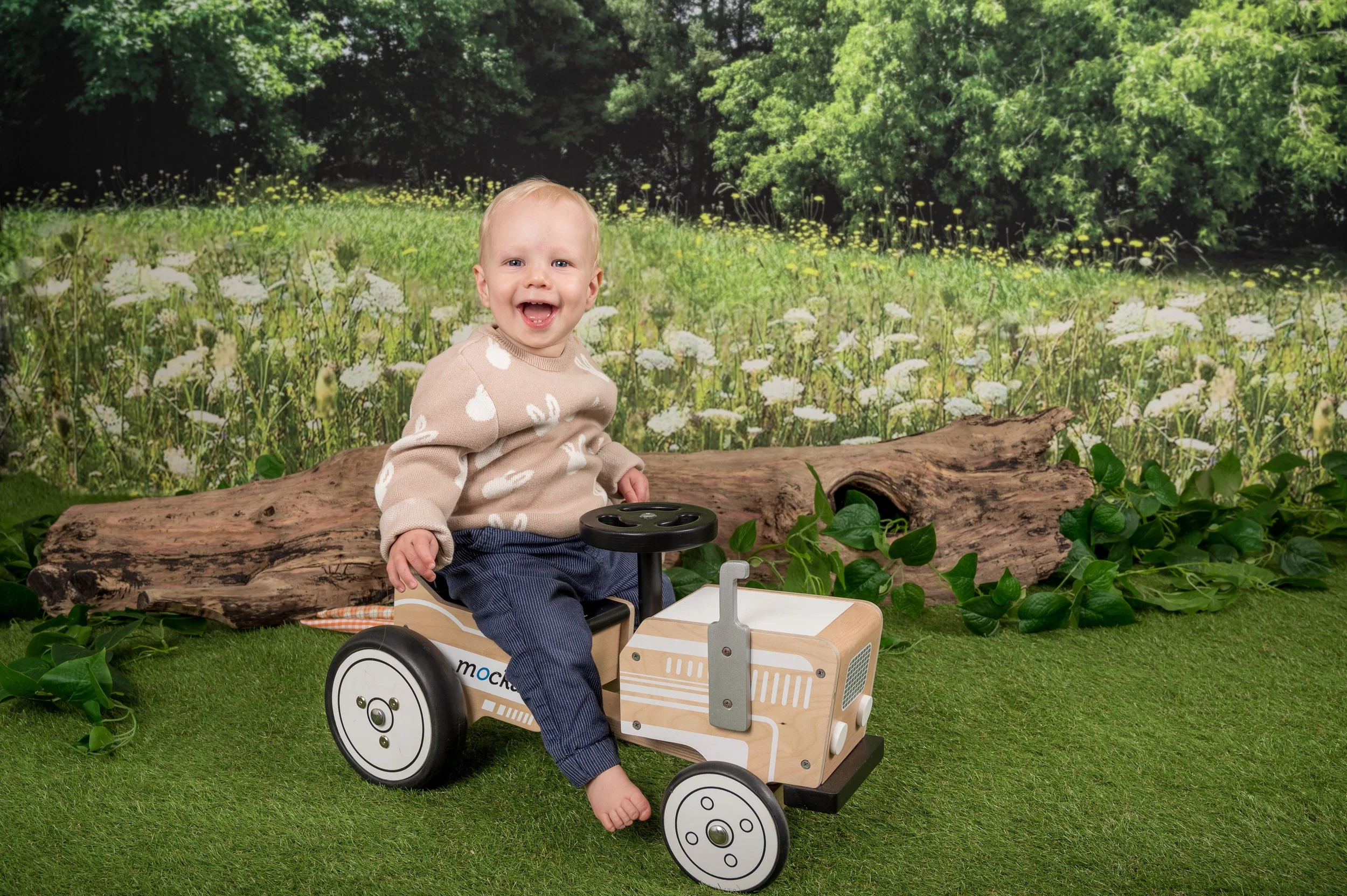 A smiling toddler sitting on a wooden ride-on toy in an indoor setting with a nature-themed backdrop.