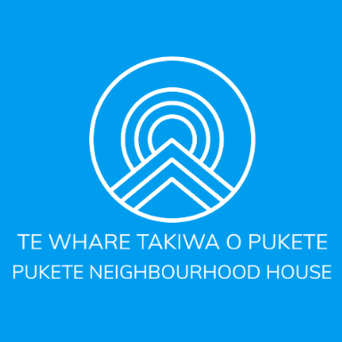 Logo with concentric circles and a house icon on a blue background, with text 'TE WHARE TAKIWA O PUKETE PUKETE NEIGHBOURHOOD HOUSE'.