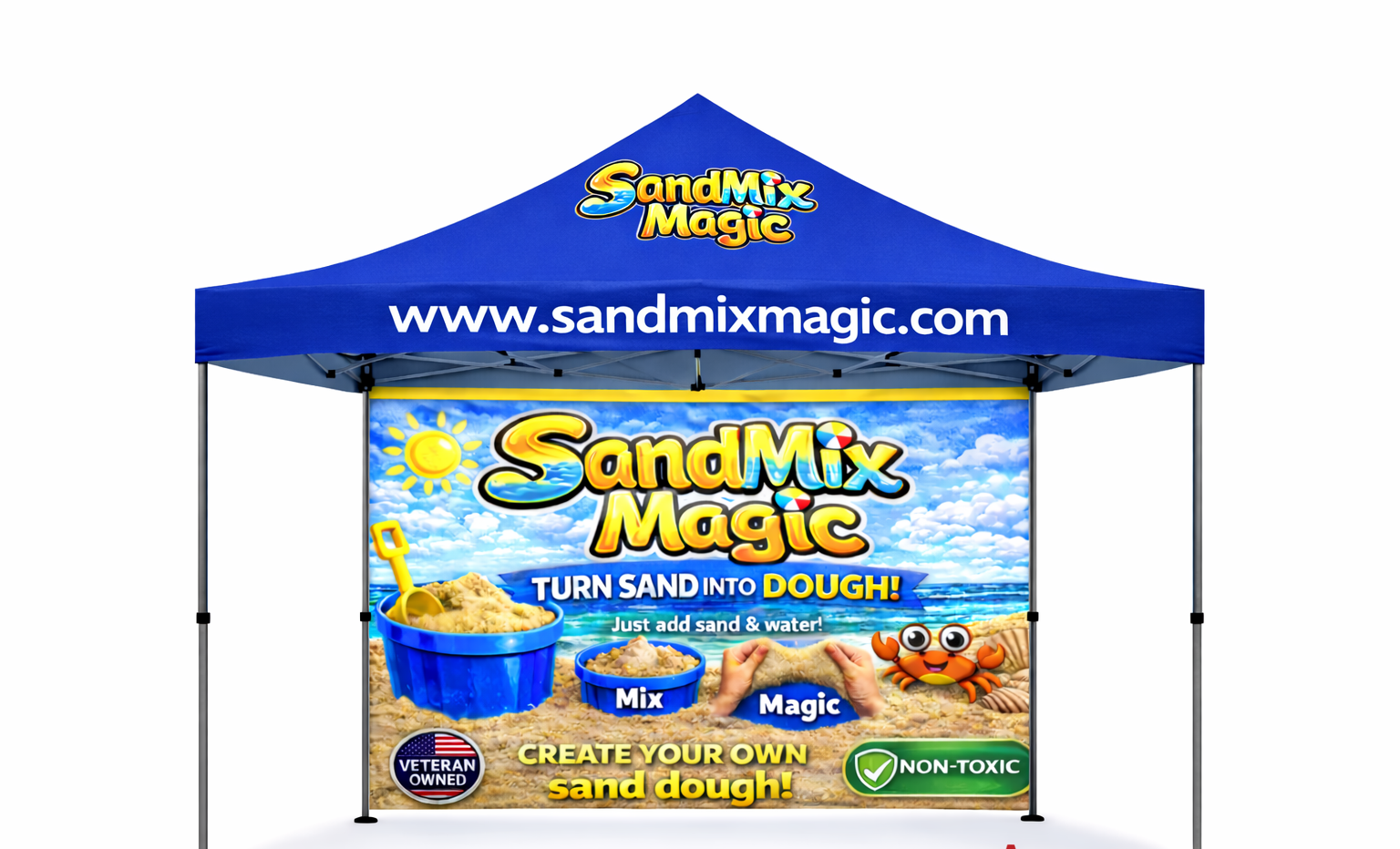 A promotional tent for SandMix Magic, a sand-based craft kit, featuring a beach scene with a crab, blue sky, and sand, displaying the product's website, slogan, and features like to turn sand into dough, non-toxic, and veteran owned.