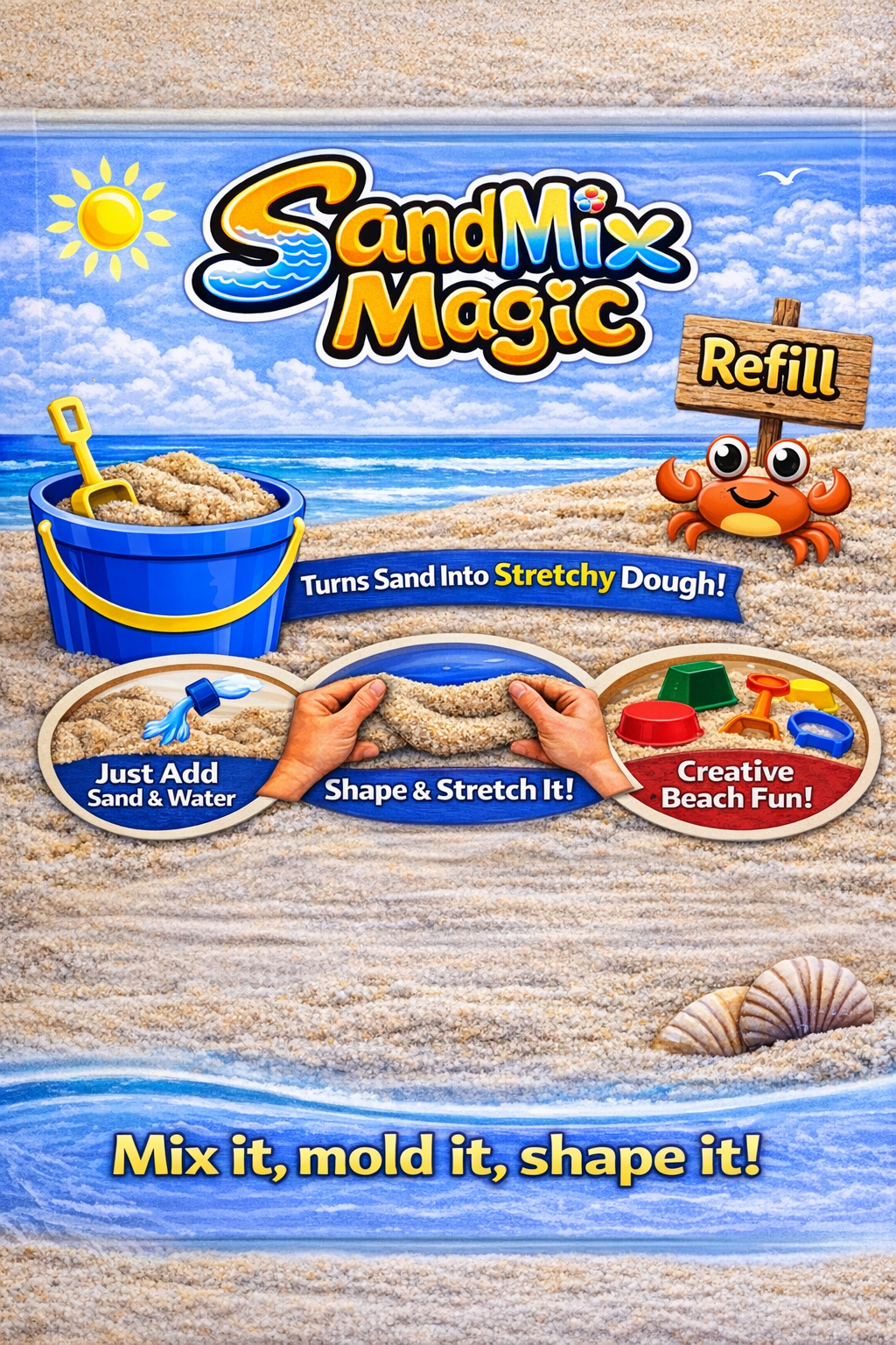 SandMix Magic toy package showing sand used to mold and shape into various forms, with illustrations of a bucket of sand, a crab character, and beach-themed items, promoting creative fun with sand and water.