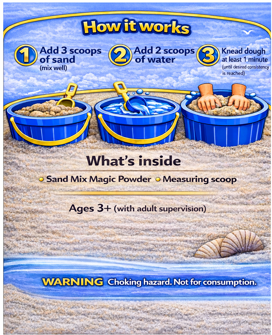 A beach-themed instructional guide showing how to make sand magic clay. It includes three steps: add three scoops of sand, add two scoops of water, knead the dough for at least one minute. The image features blue buckets with sand and water, and a pair of hands mixing the sand.