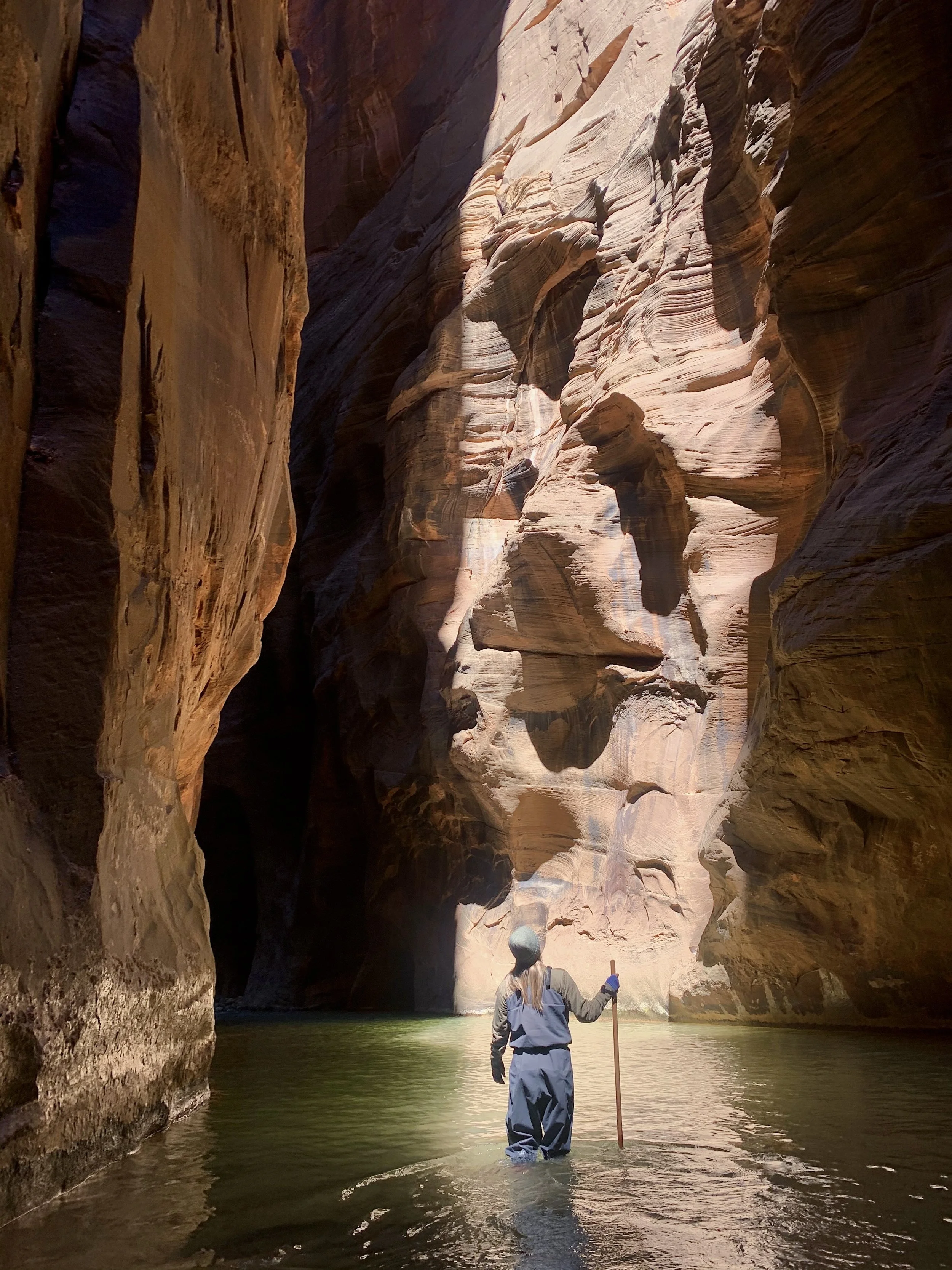 People exploring a narrow canyon with steep rock walls and a green water body, one person wading with a walking stick.