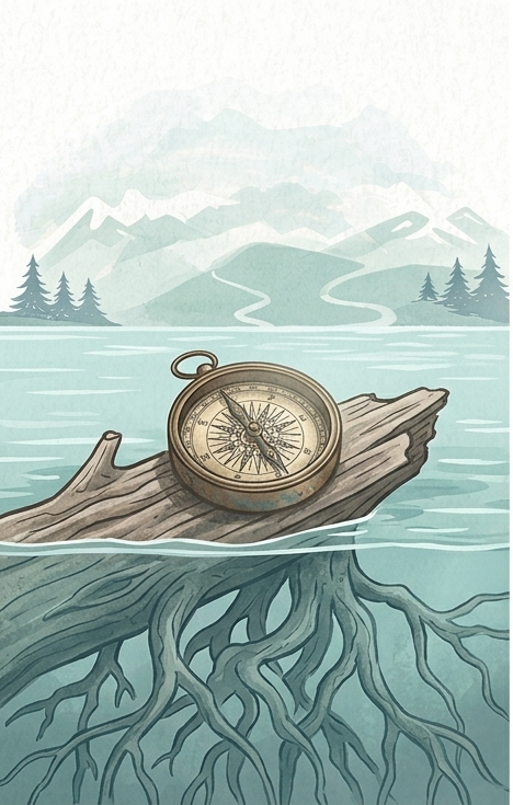 A vintage compass resting on a fallen tree trunk over water, with roots visible underneath, and a mountain landscape with pine trees in the background.