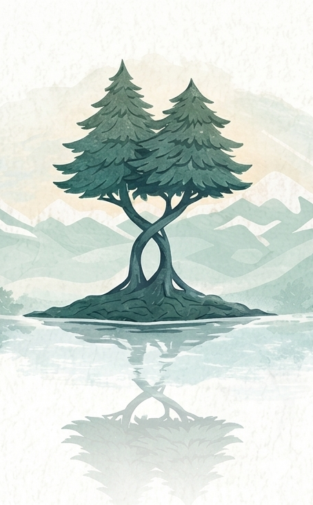 Two intertwined evergreen trees on an island with mountainous landscape in the background, reflected in a calm body of water.