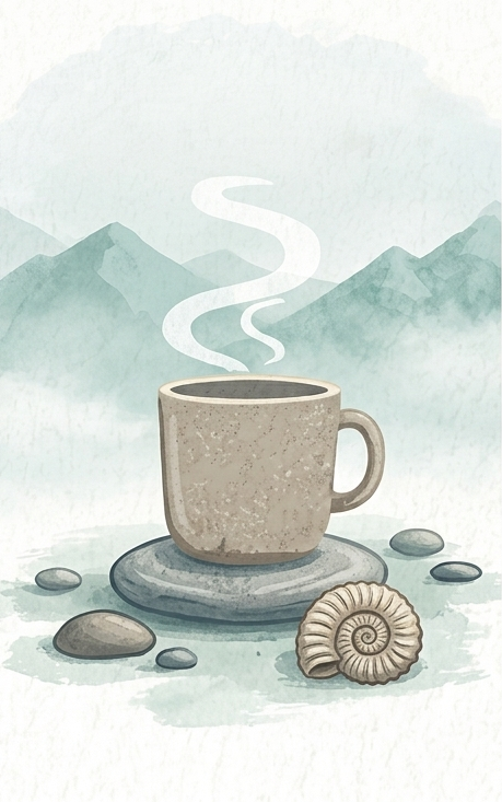 A steaming cup of coffee or tea on a rock surrounded by smaller stones, with mountains and a river in the background.