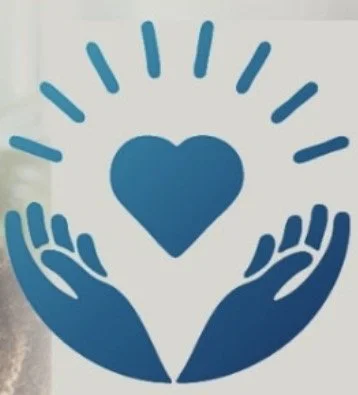 A blue heart surrounded by two blue hands and radiating lines.