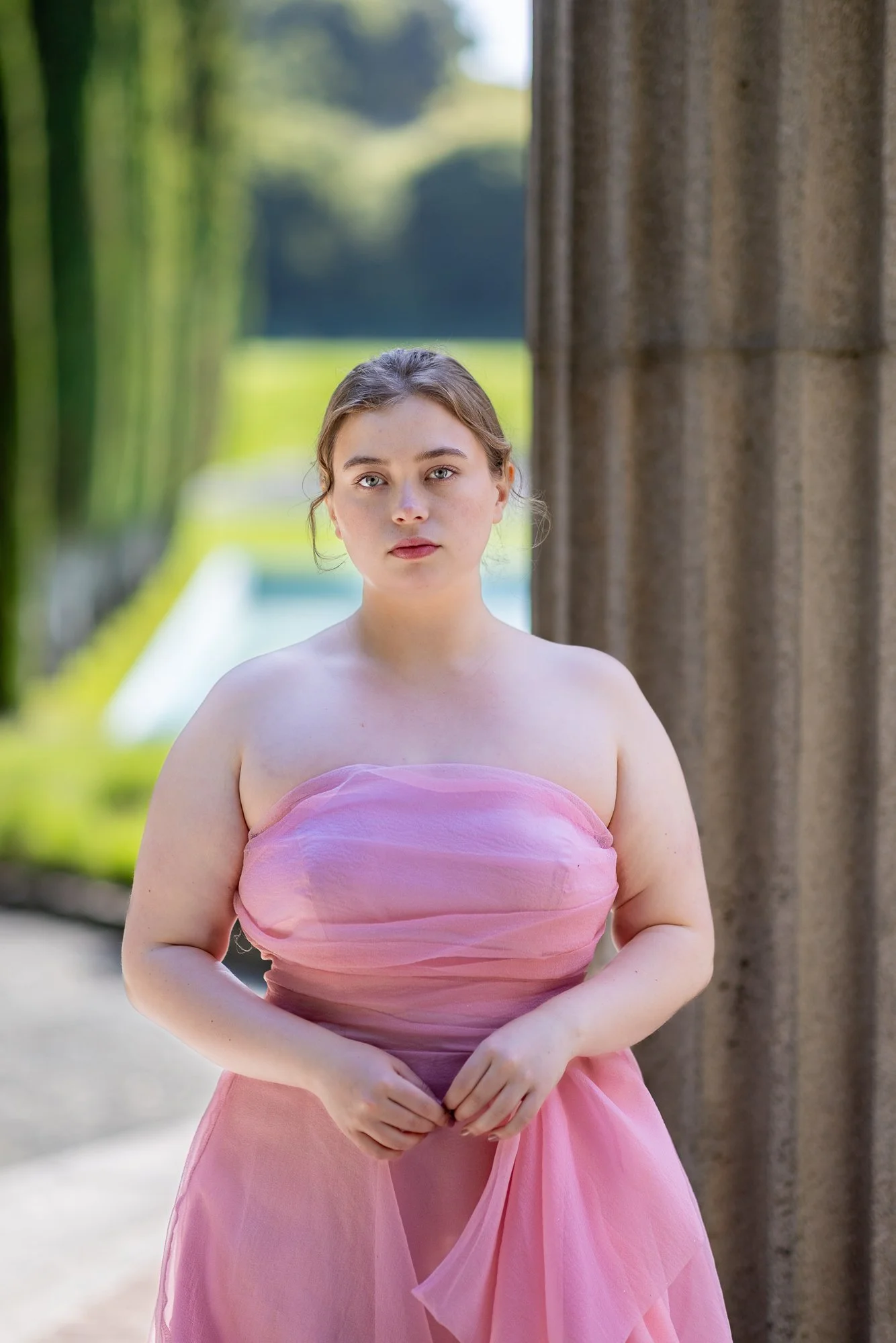 Pulgas Water Temple cypress allée editorial fashion model pink gown, Bay Area editorial photographer