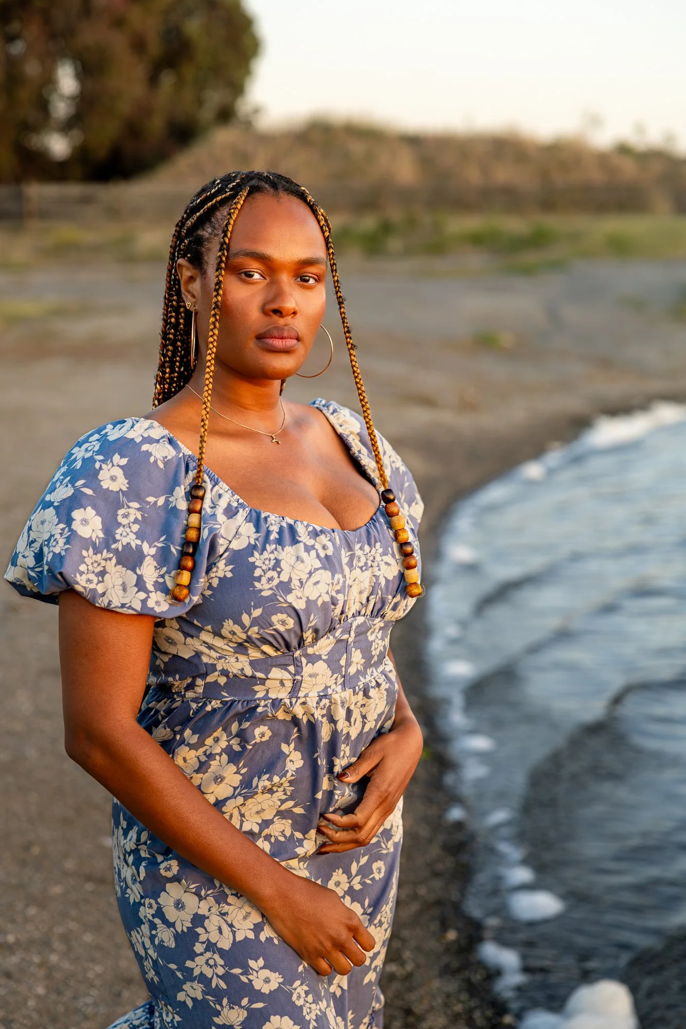 Shoreline Park Mountain View personal lifestyle photographer Black model sunset over lake