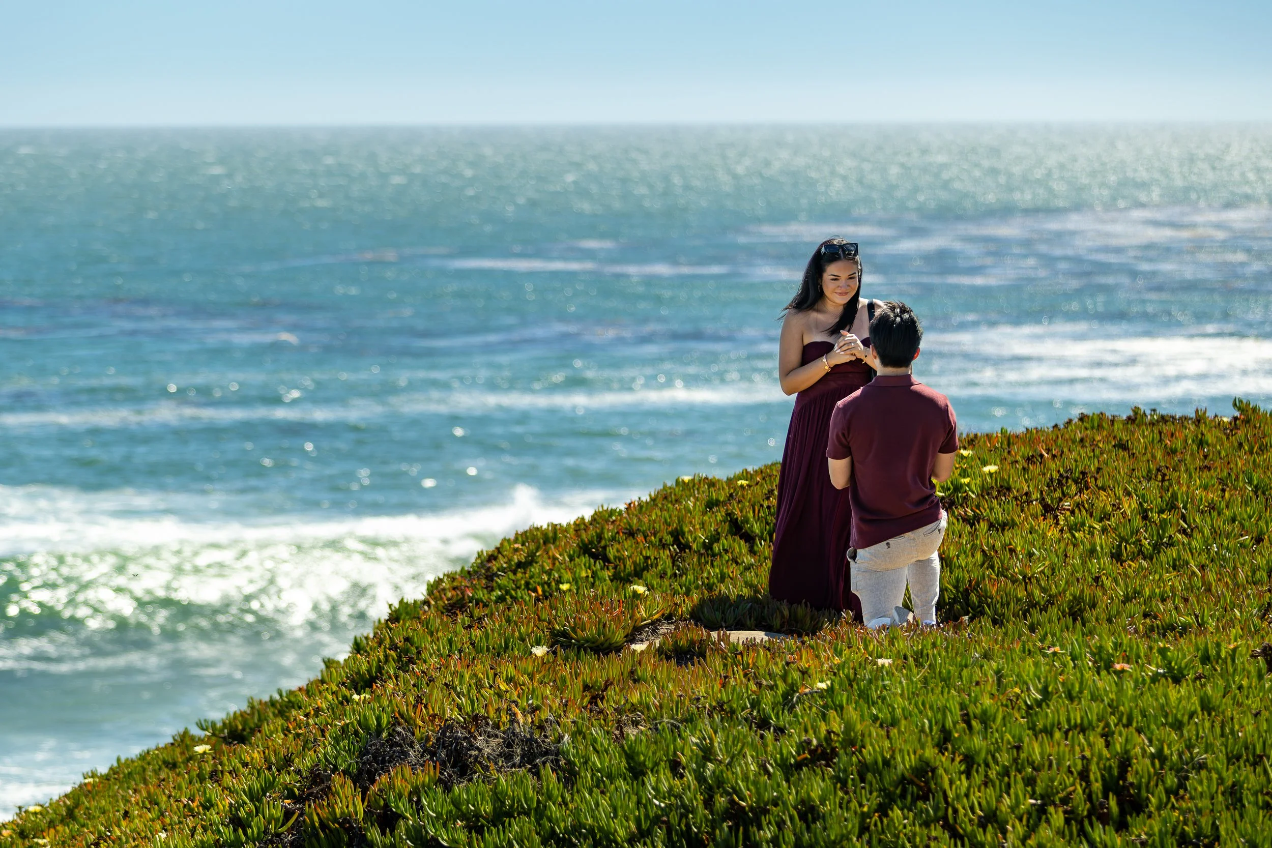 A man kneeling on green coastal plants proposing to a woman by the ocean, she is smiling with sunglasses on her head, and they are holding hands.