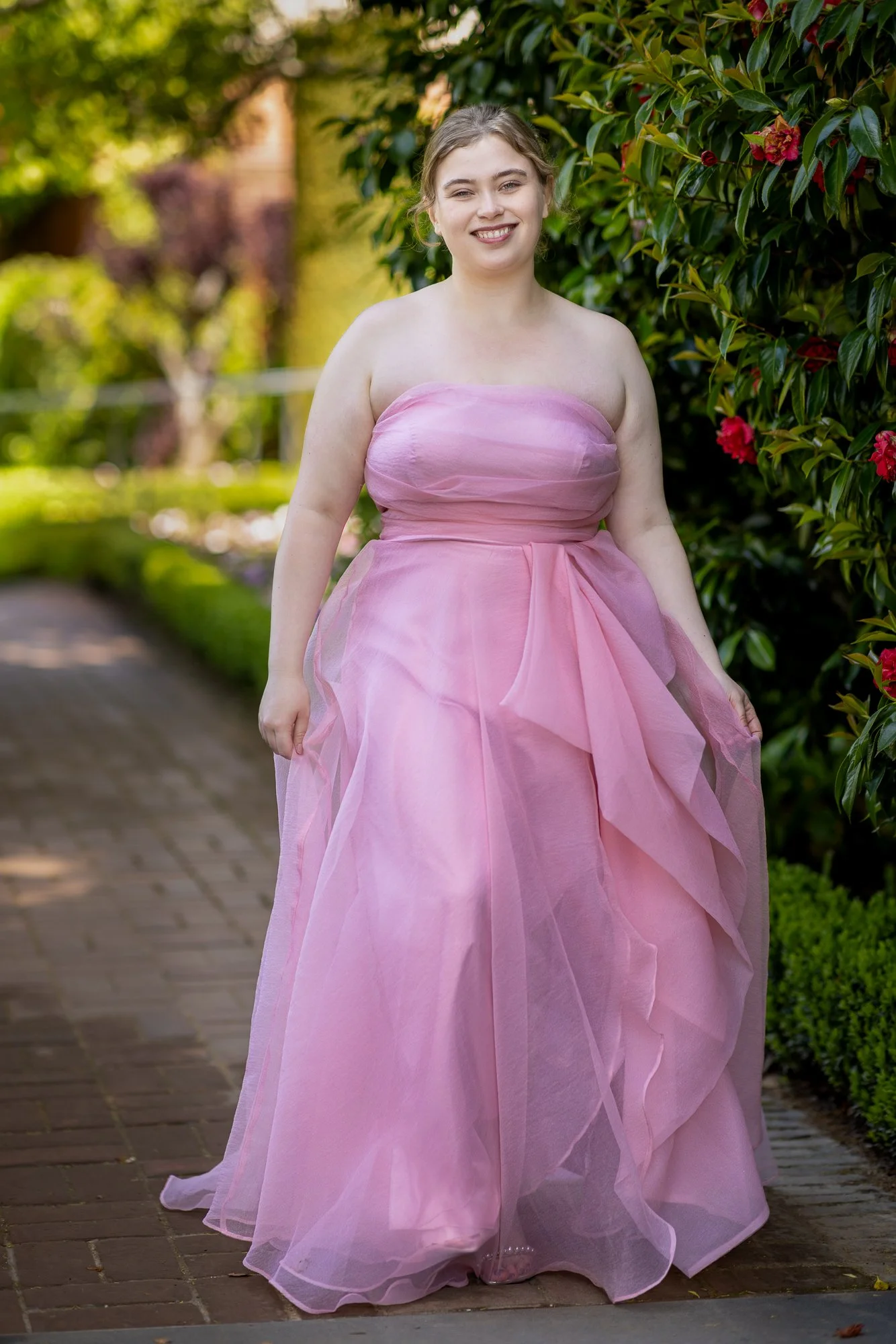 Filoli camellia walk movement frame commercial fashion model pink gown Bay Area