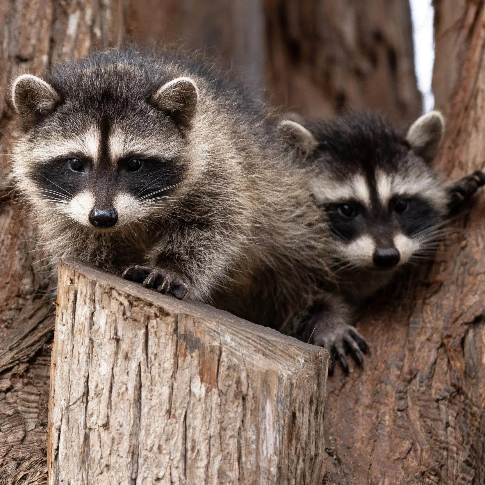 Two raccoons on a tree trunk at Sunset Beach Bay Area Family Shoot