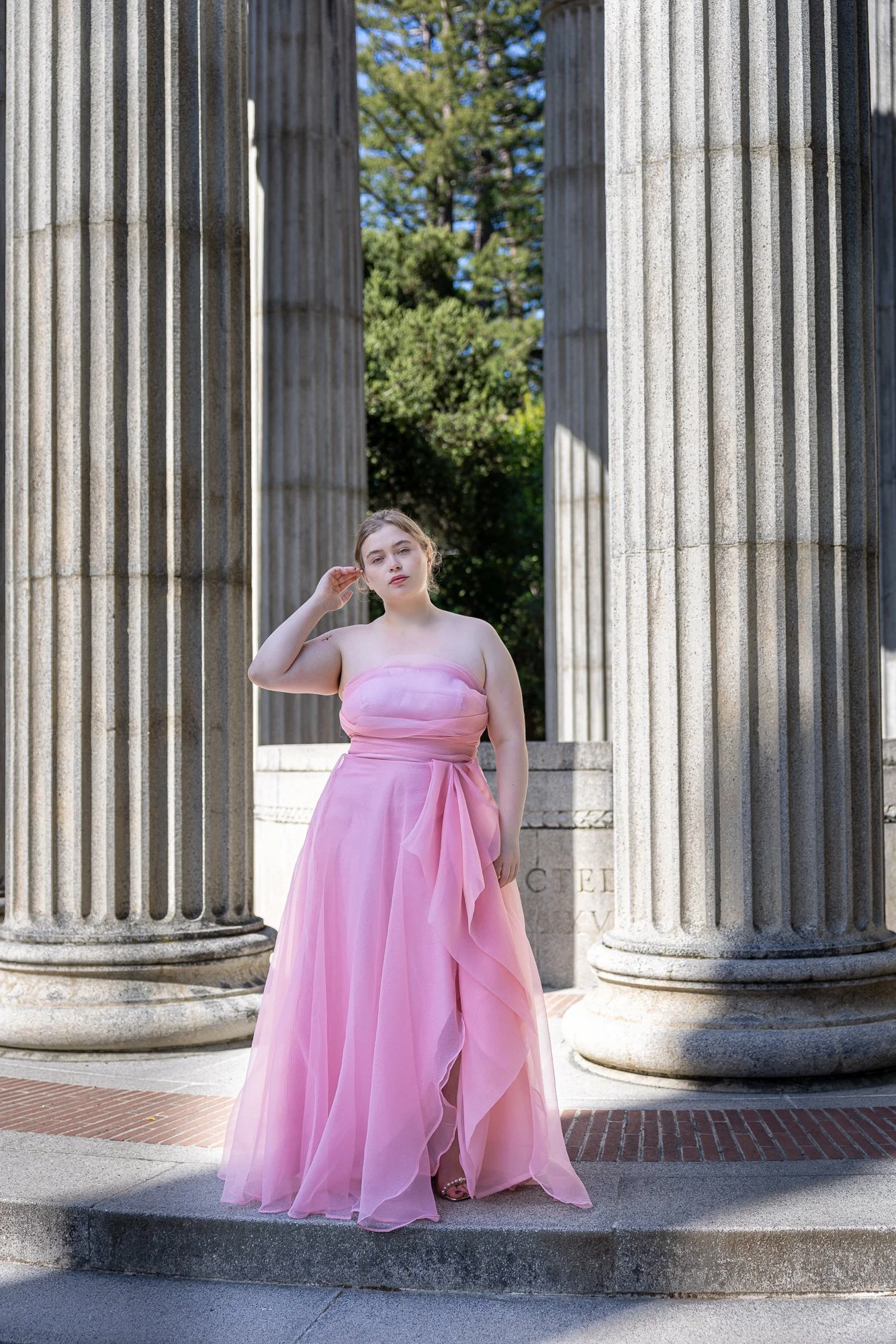 Pulgas Water Temple movement frame editorial fashion pink dress, Peninsula editorial photographer