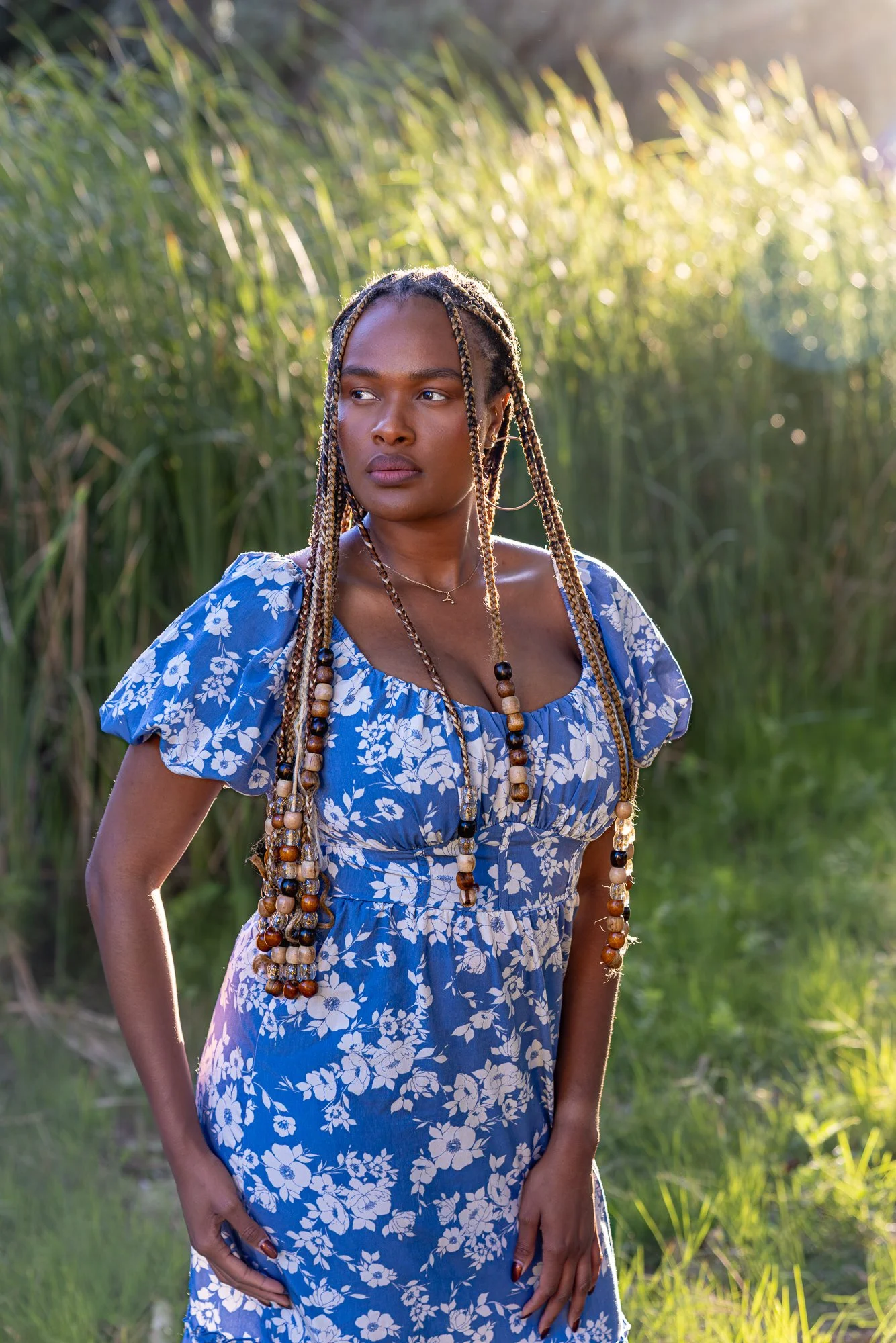 Shoreline Park Mountain View personal lifestyle photographer Black model in backlit tall grass field