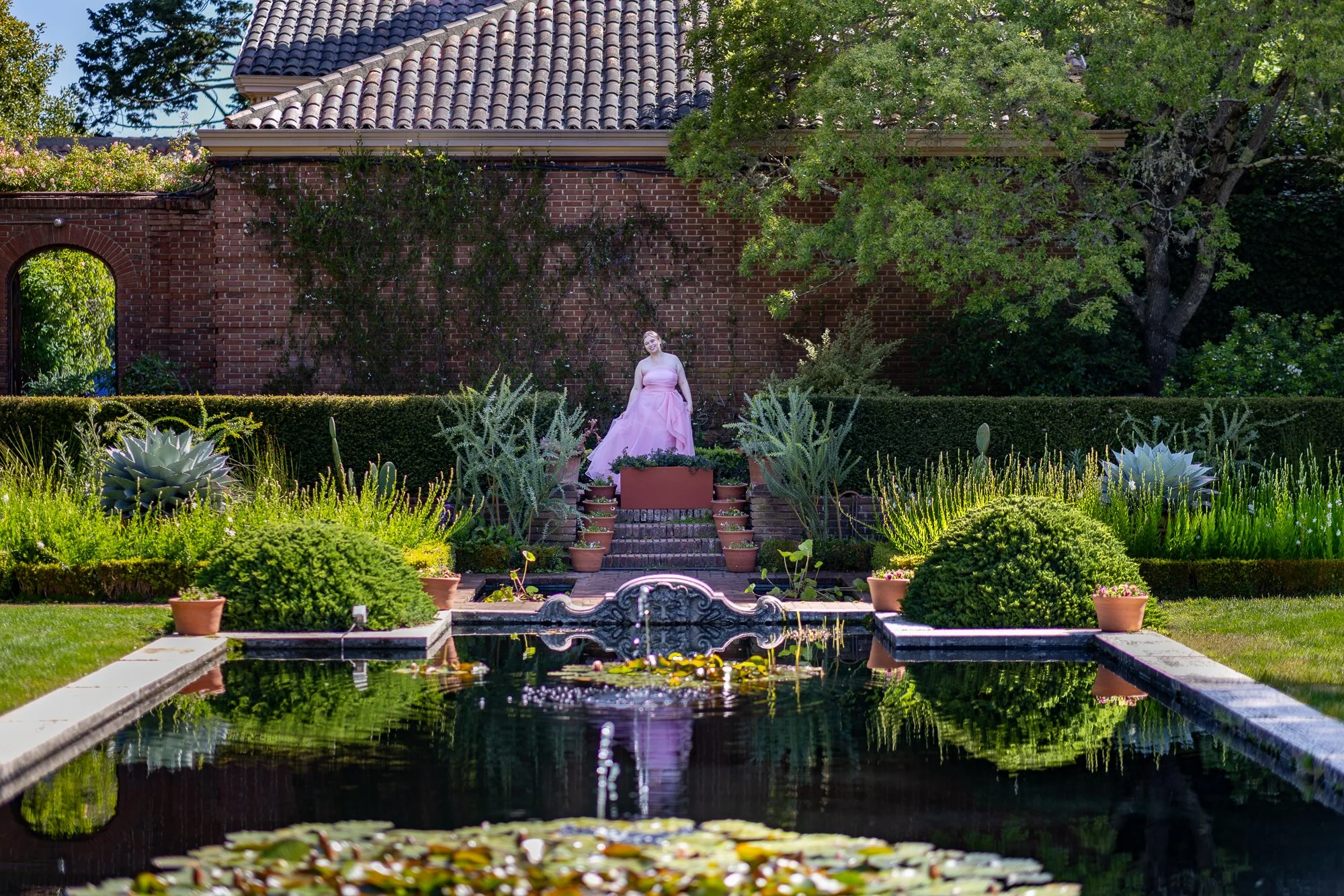 Filoli sunken garden lily pond reflection commercial model session, Bay Area fashion photography