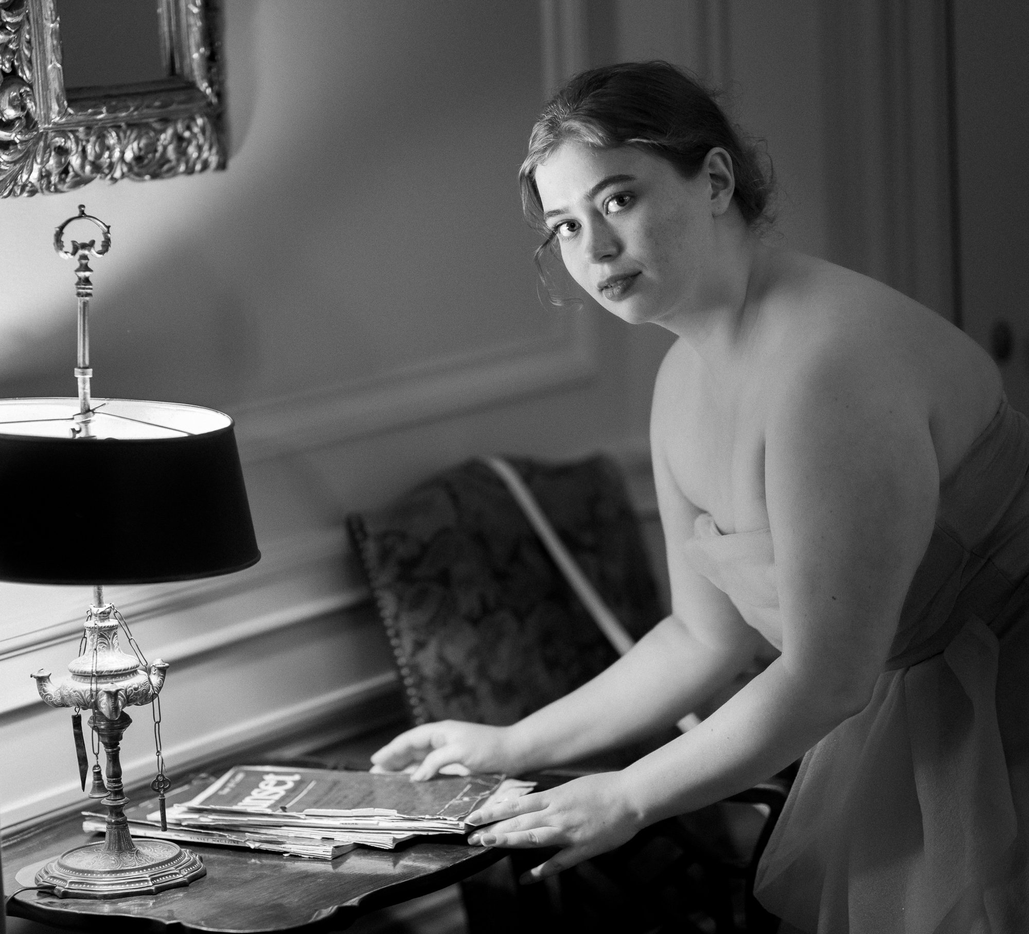 Filoli house interior black and white portrait vintage magazines oil lamp, editorial photography Bay Area