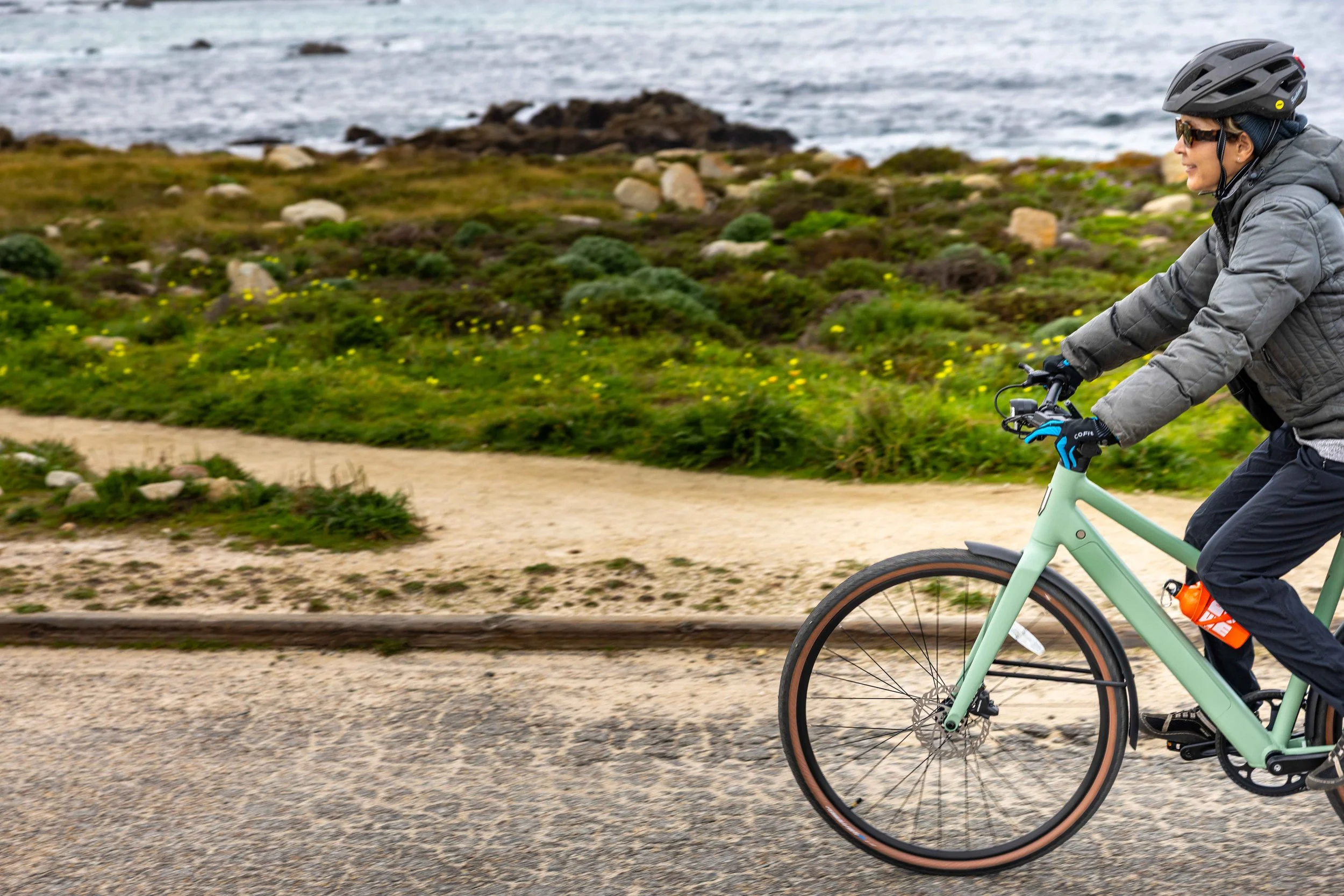Cycling along 17 Mile Drive with ice plant blooming bright green along the roadside — outdoor adventure photography on the Monterey Peninsula coastline.