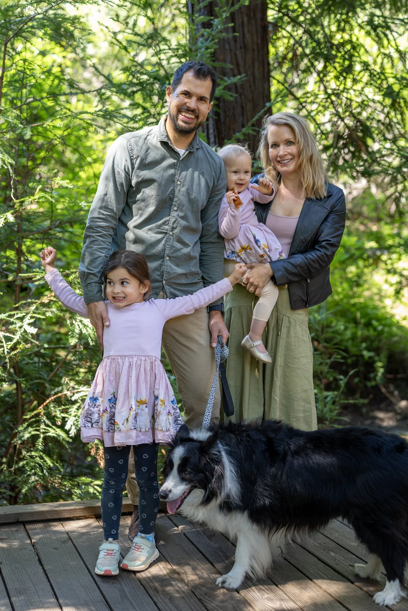 Family of five standing among redwoods at Shoup Park Redwood Grove Los Altos