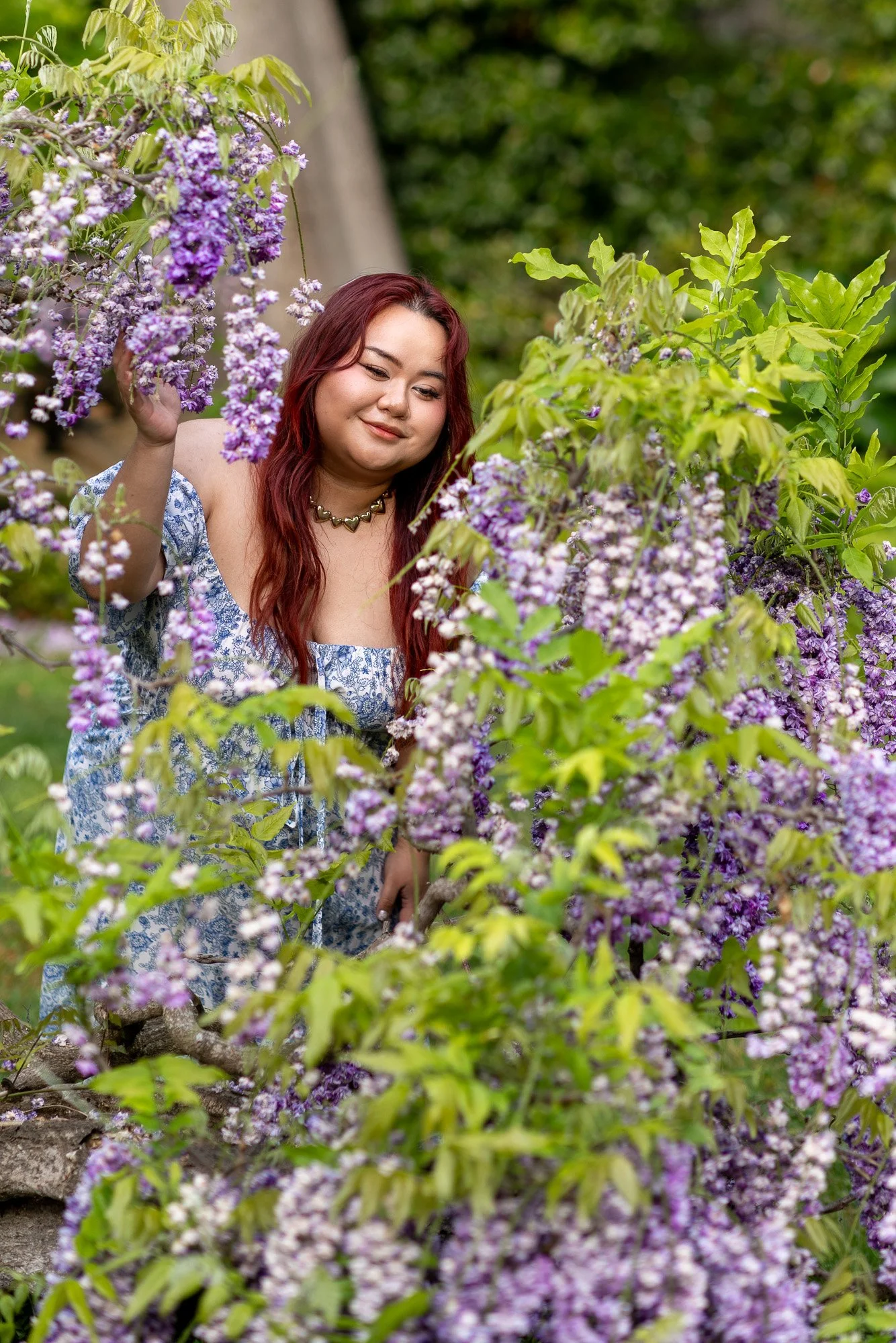 Woman in blue floral dress immersed in purple wisteria blooms looking down with quiet smile, personal lifestyle portrait Elizabeth Gamble Garden Palo Alto