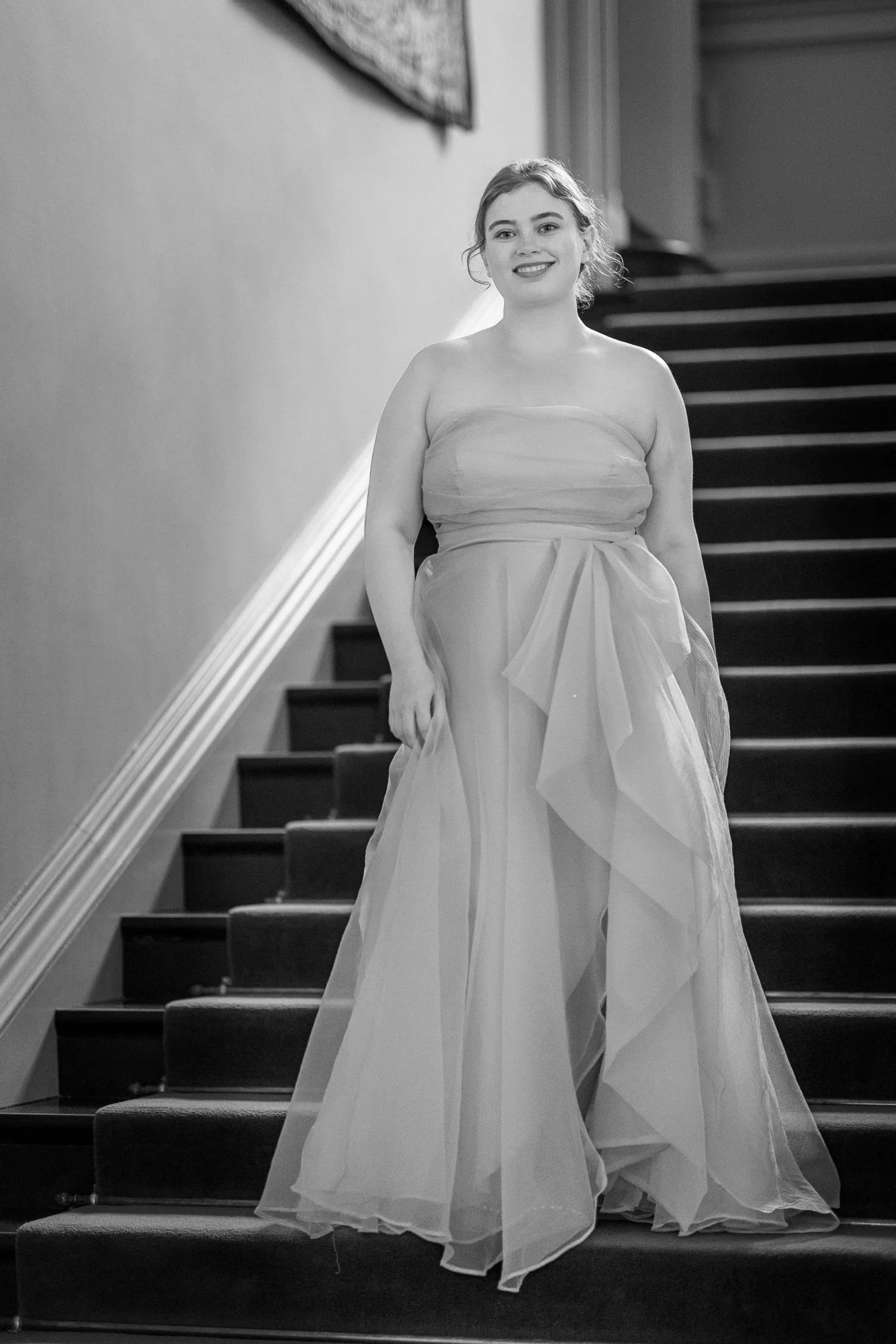 Filoli house grand staircase black and white editorial model session, Bay Area fashion photography