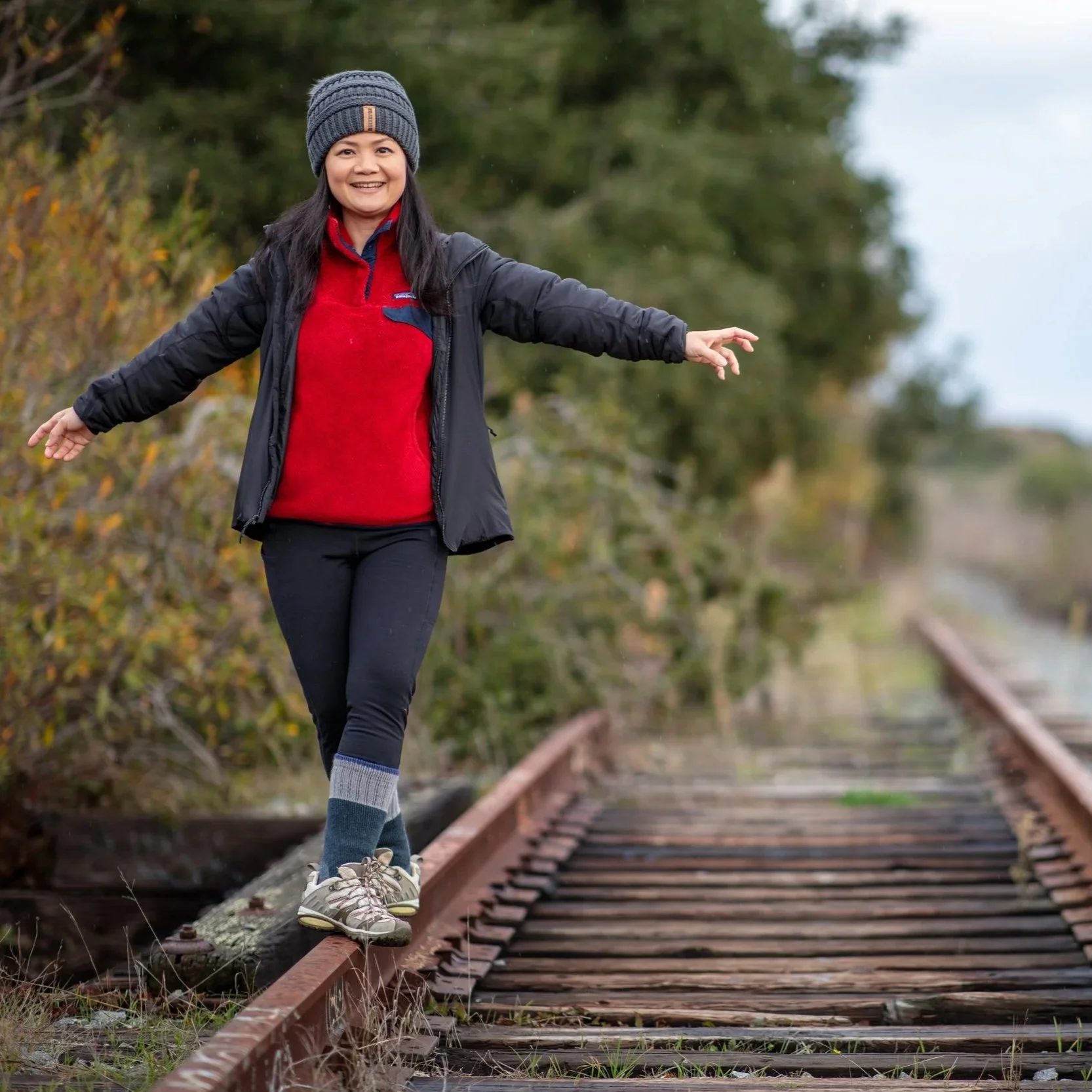 Wilder Ranch Santa Cruz Mountains Individual branding shot of woman on railway tracks abandonedg shoes.