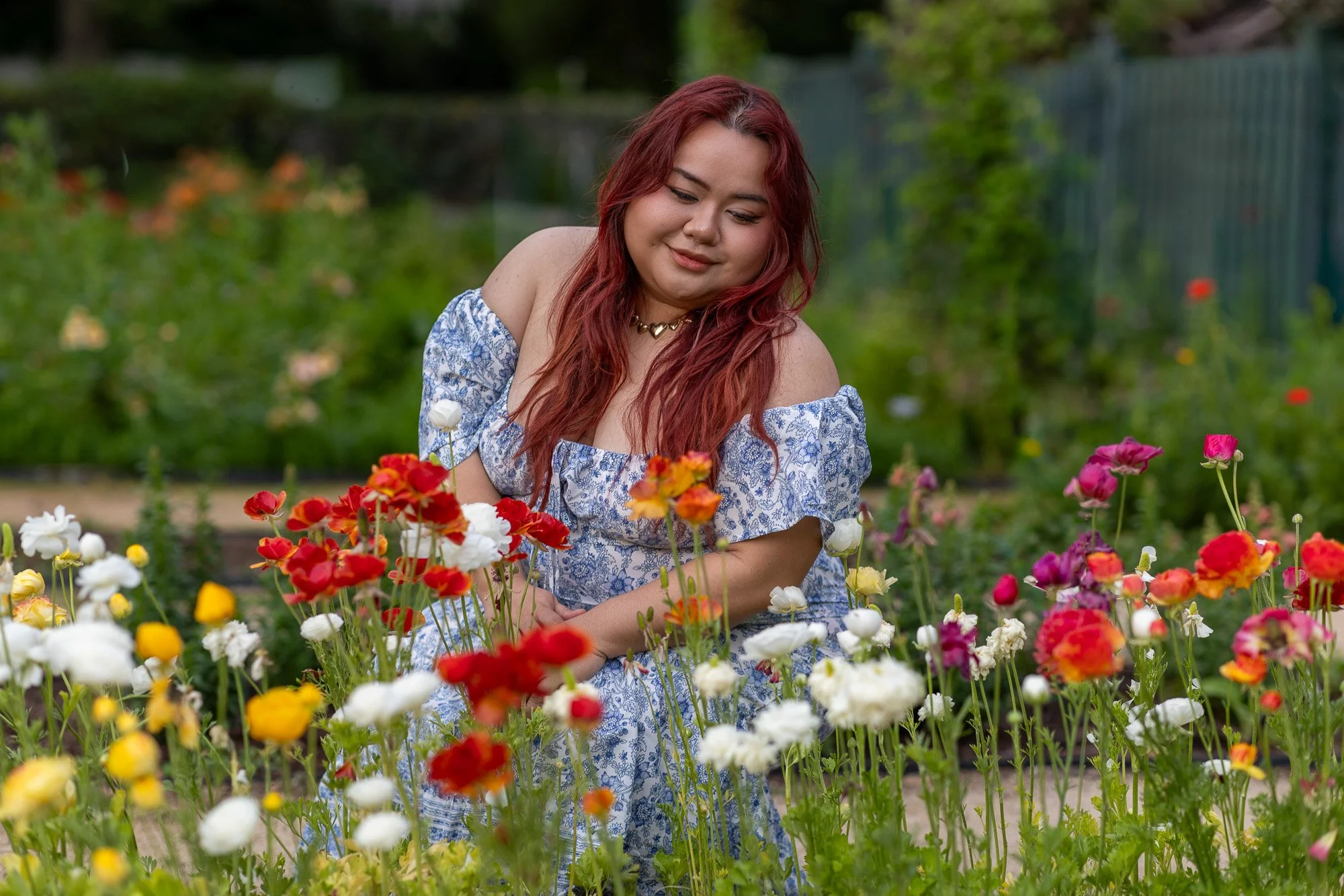 Woman in blue floral dress reaching toward white ranunculus flower with quiet smile surrounded by colorful spring blooms, Gamble Garden Palo Alto natural light portrait