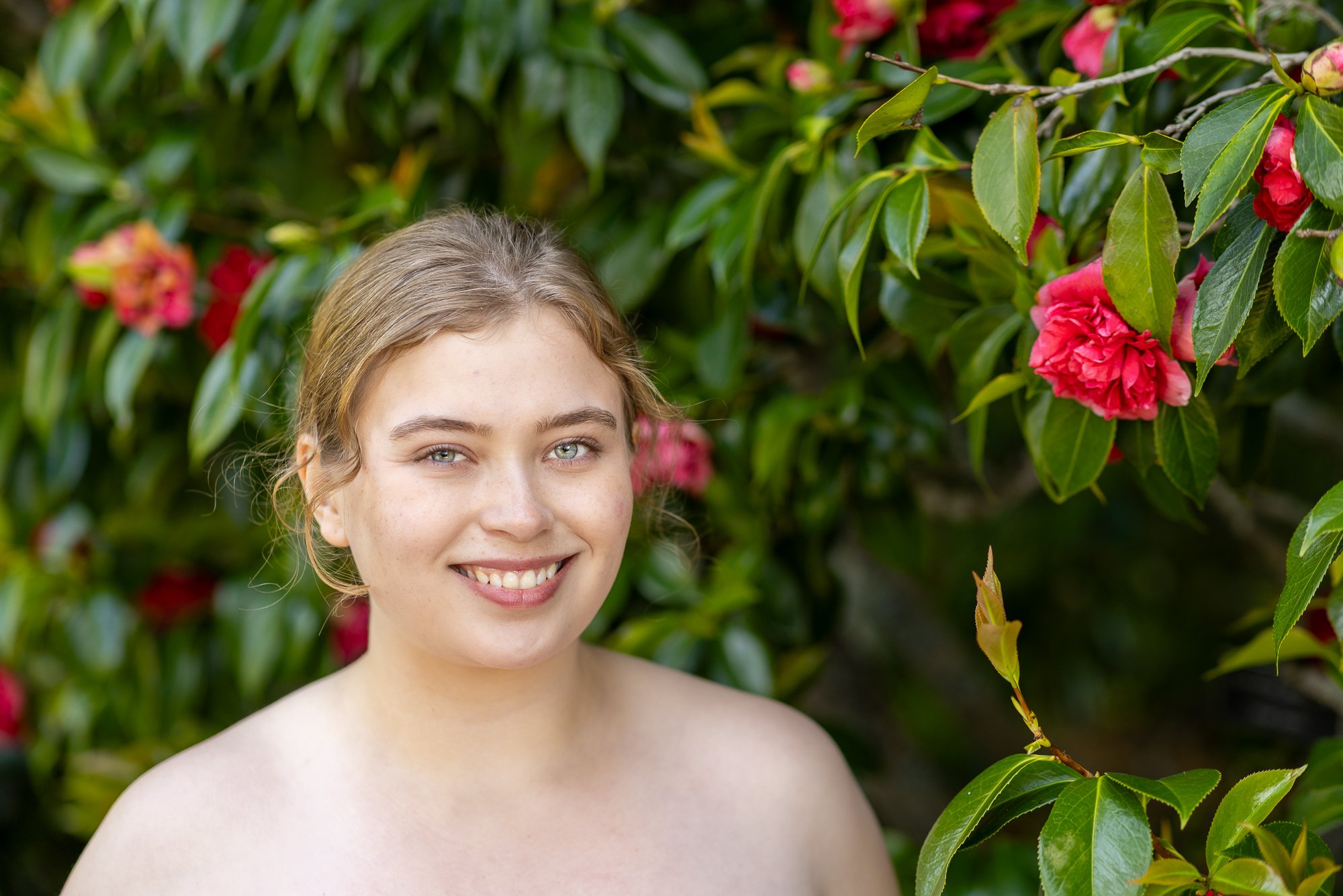 Filoli camellia bloom portrait commercial model headshot, Peninsula fashion photographer