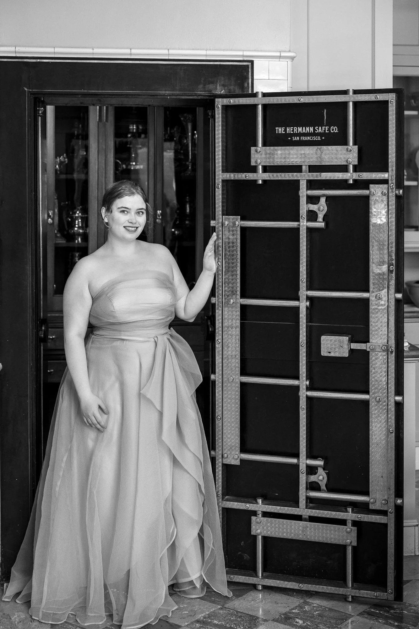 Filoli house Hermann Safe Co. silver vault black and white editorial model session, Bay Area