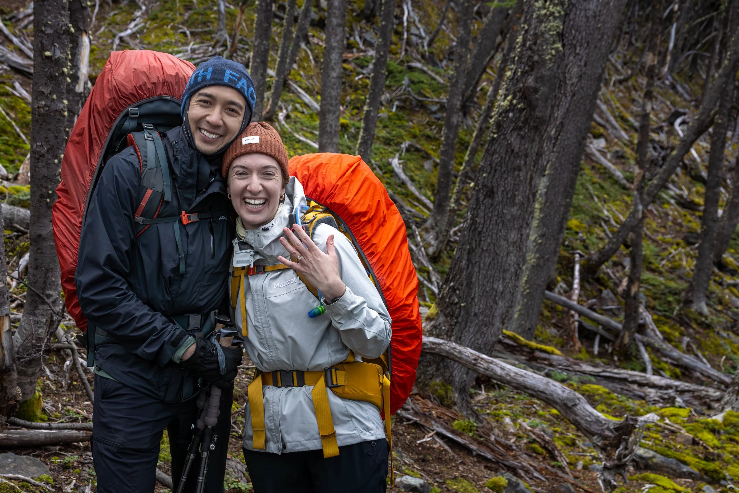 Coupe just engaged very excited in Patagonia Gardner Pass