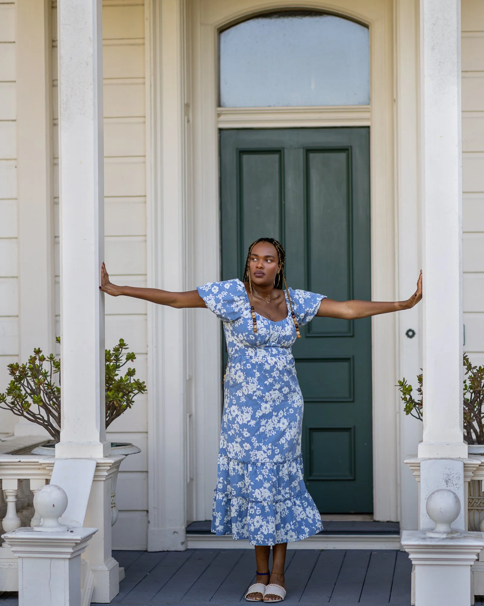 Rengstorff House Shoreline Park Mountain View personal lifestyle photographer Black model in Victorian doorway