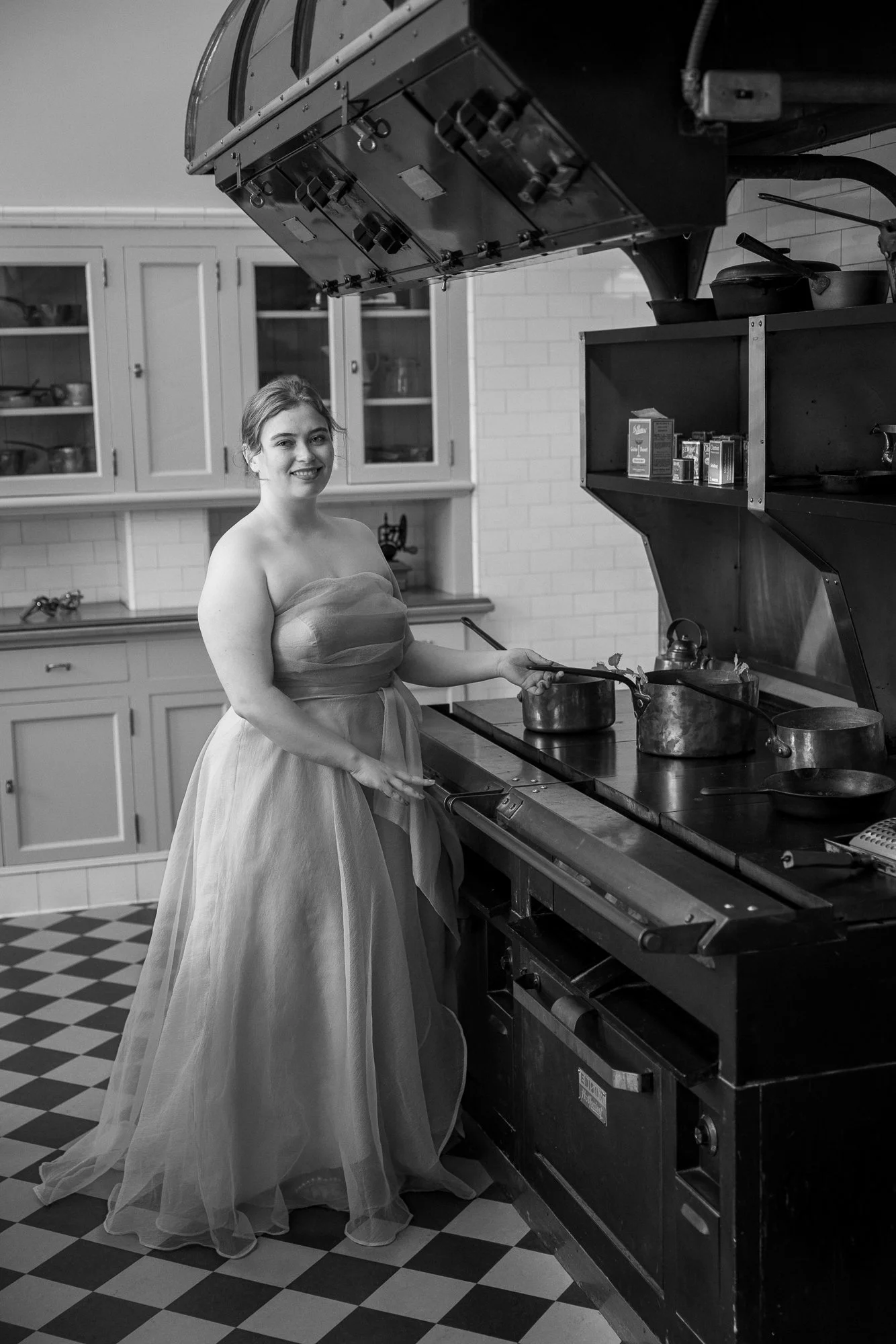 Filoli historic kitchen Edison Hotpoint stove black and white editorial fashion model session