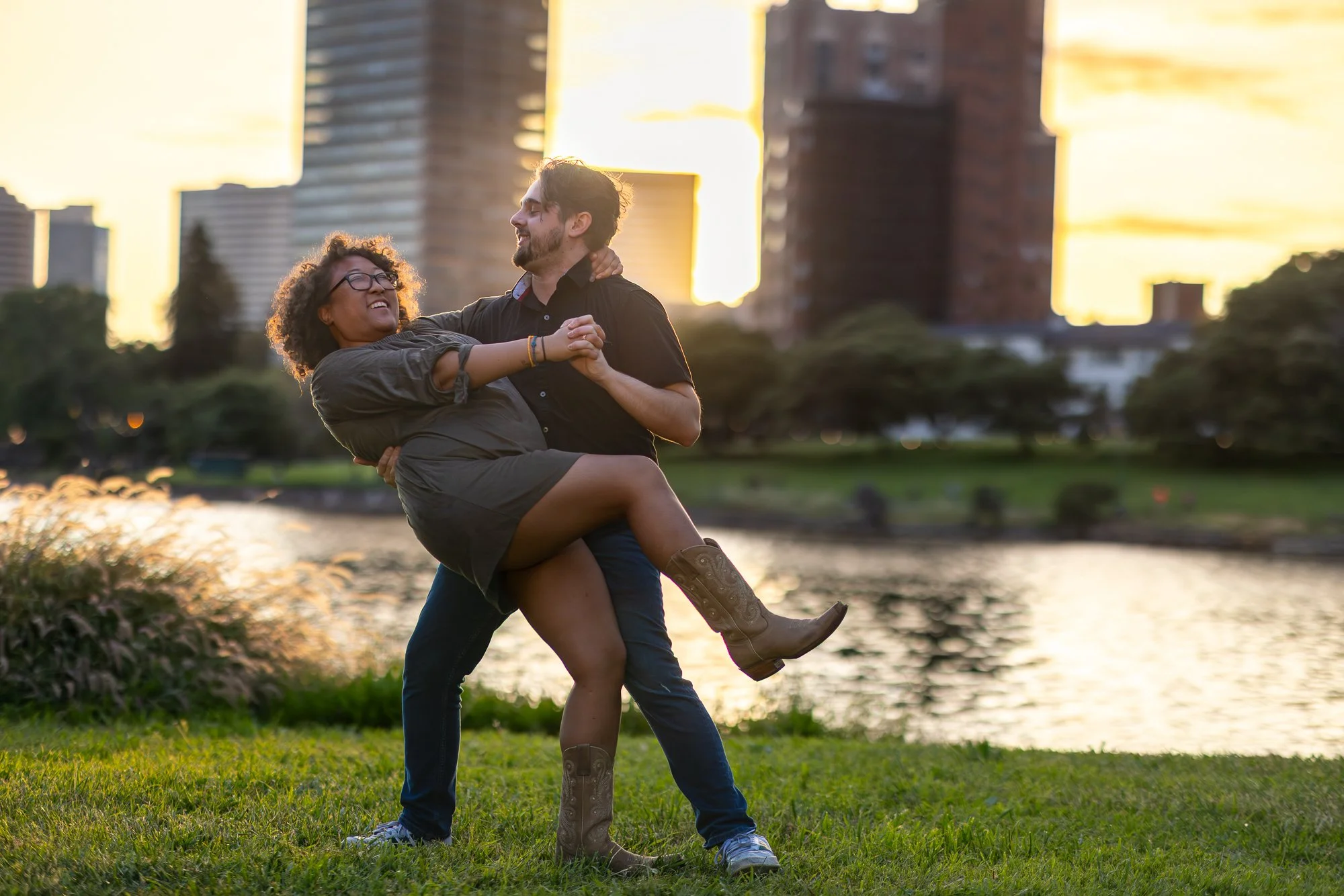 Bay Area couples session golden hour dance dip with lake and skyline