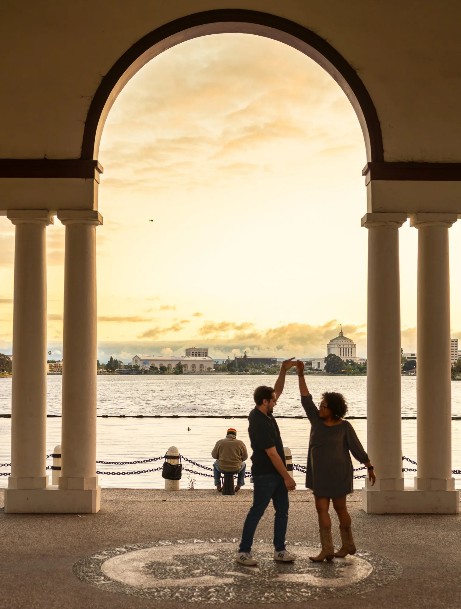 Bay Area couples photography pergola arch twilight portrait with lake and sky