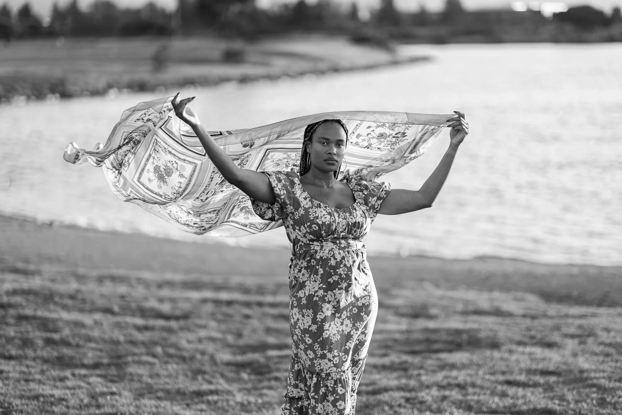 Mountain View editorial portrait photographer Black model with white scarf in wind black and white Shoreline Park