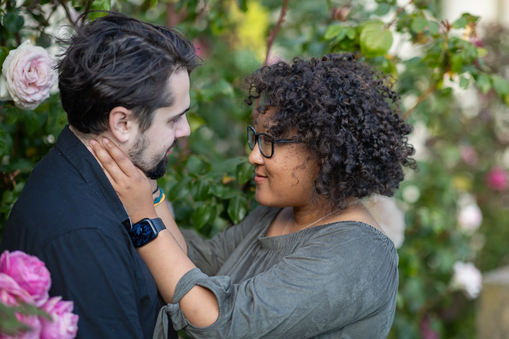 Bay Area couples photography intimate forehead portrait with warm side light in rose garden