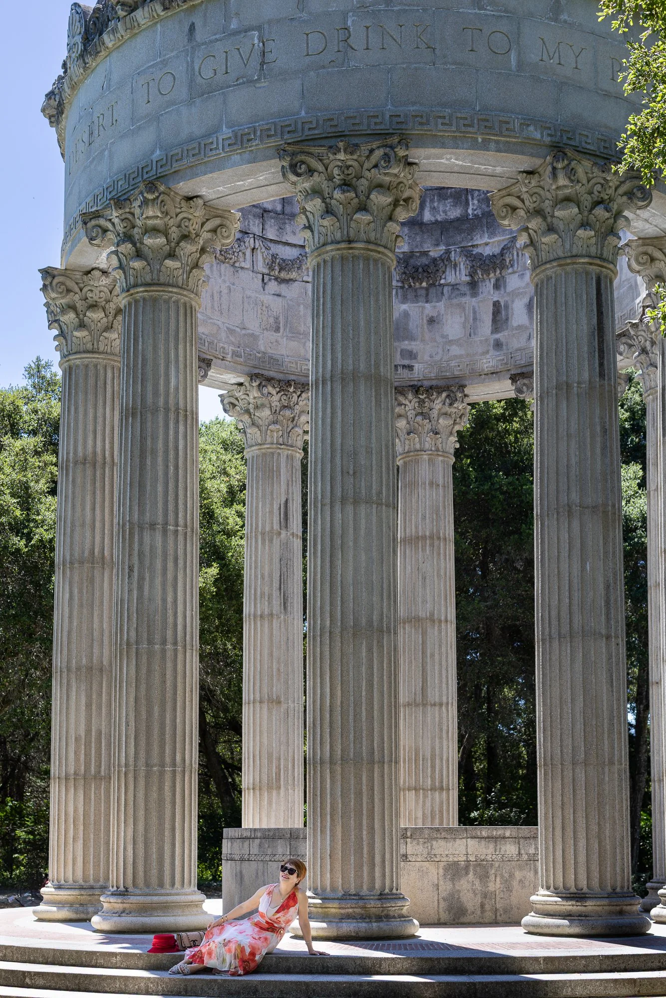 Solo editorial portrait at Pulgas Water Temple Corinthian columns, Filoli adjacent, Woodside