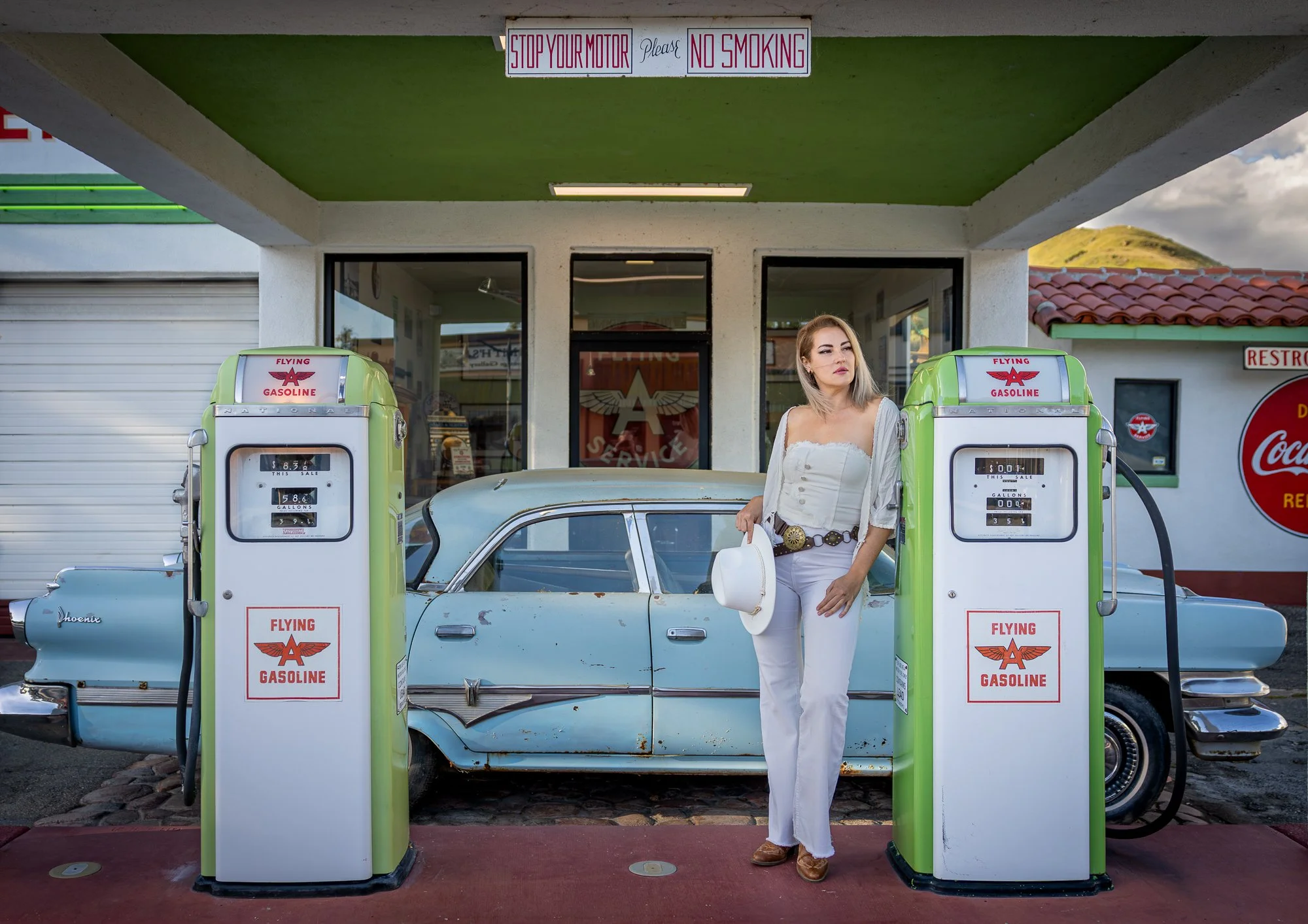Niles Flying A Fremont gas station museum with restored Flying A pumps and 1959 Dodge Custom Royal
