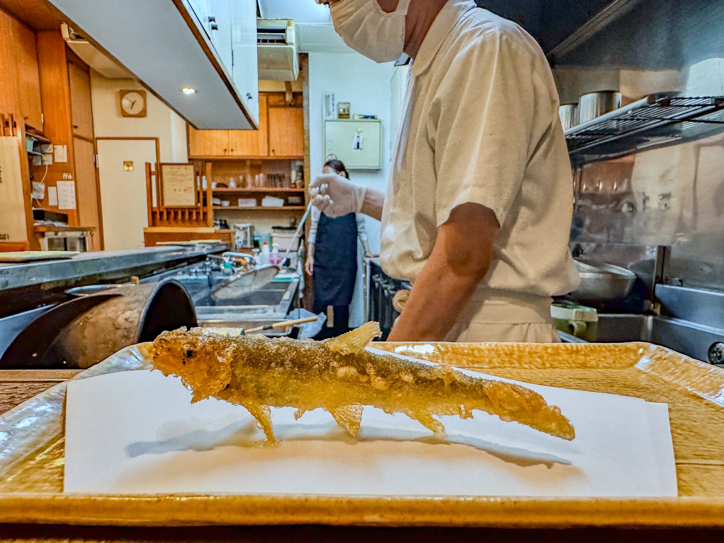 Tempura batter preparation chopsticks ceramic bowl Japanese restaurant Kyoto