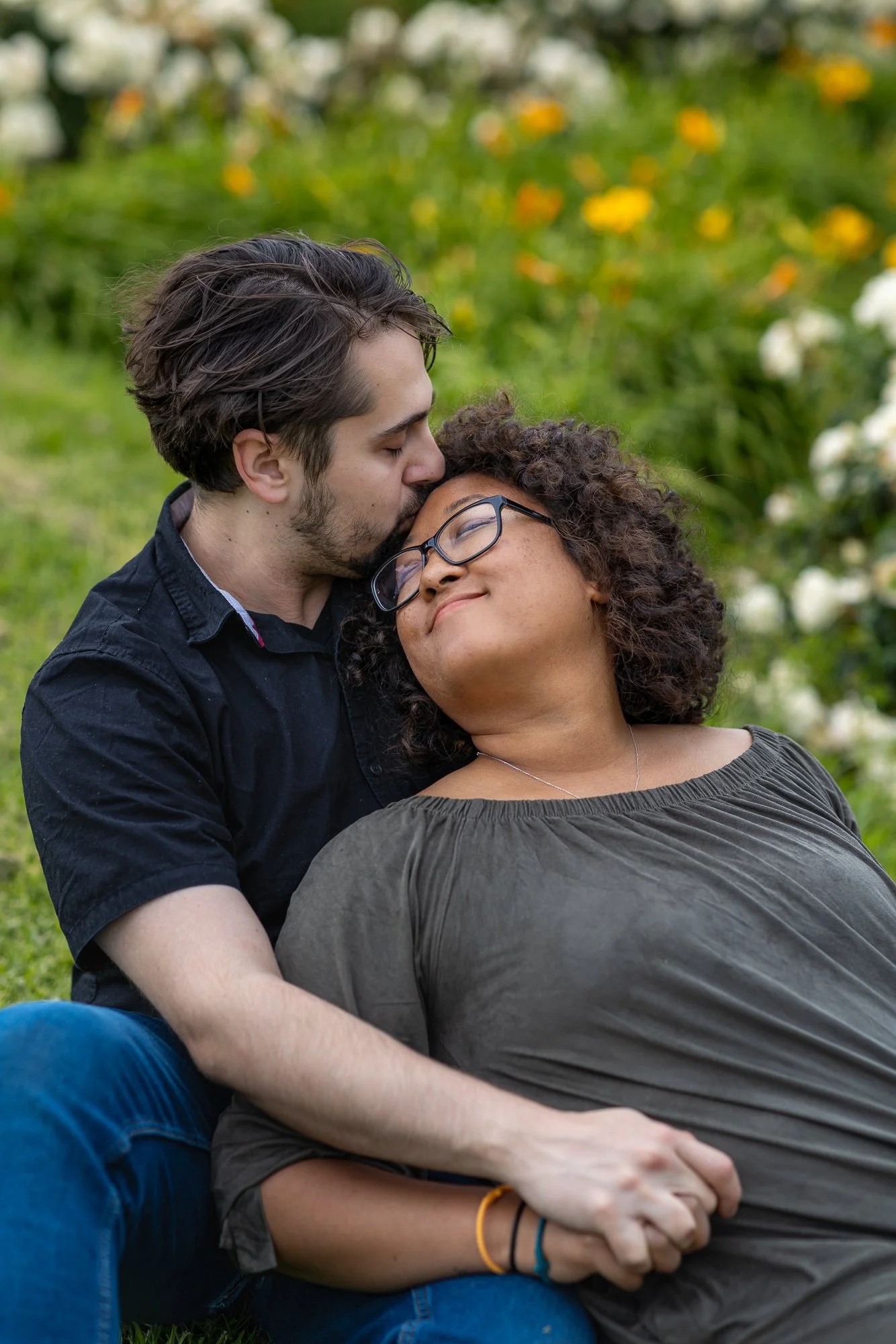 Bay Area couples photography forehead kiss in garden with soft overcast light