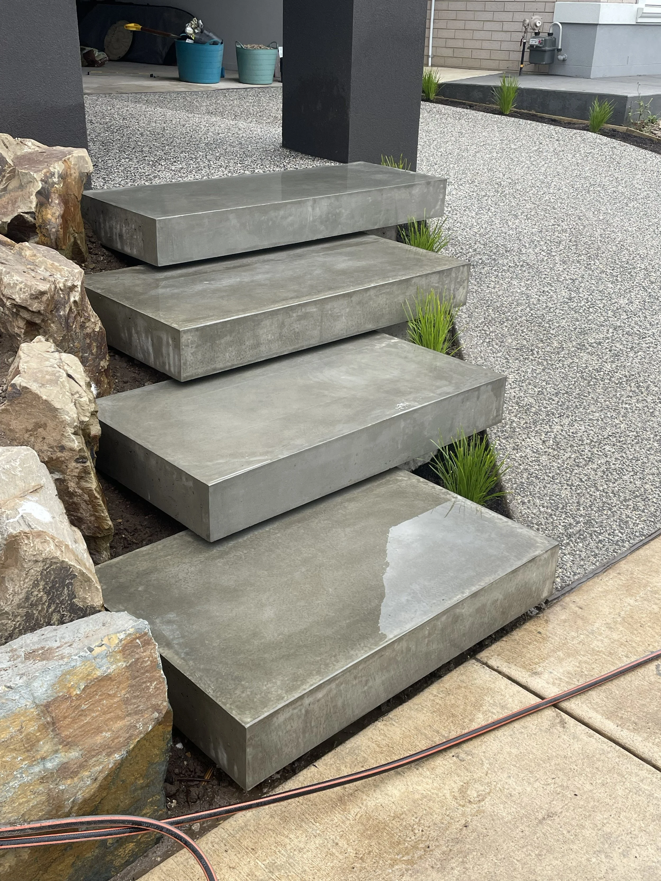 Hand burnished concrete floating steps