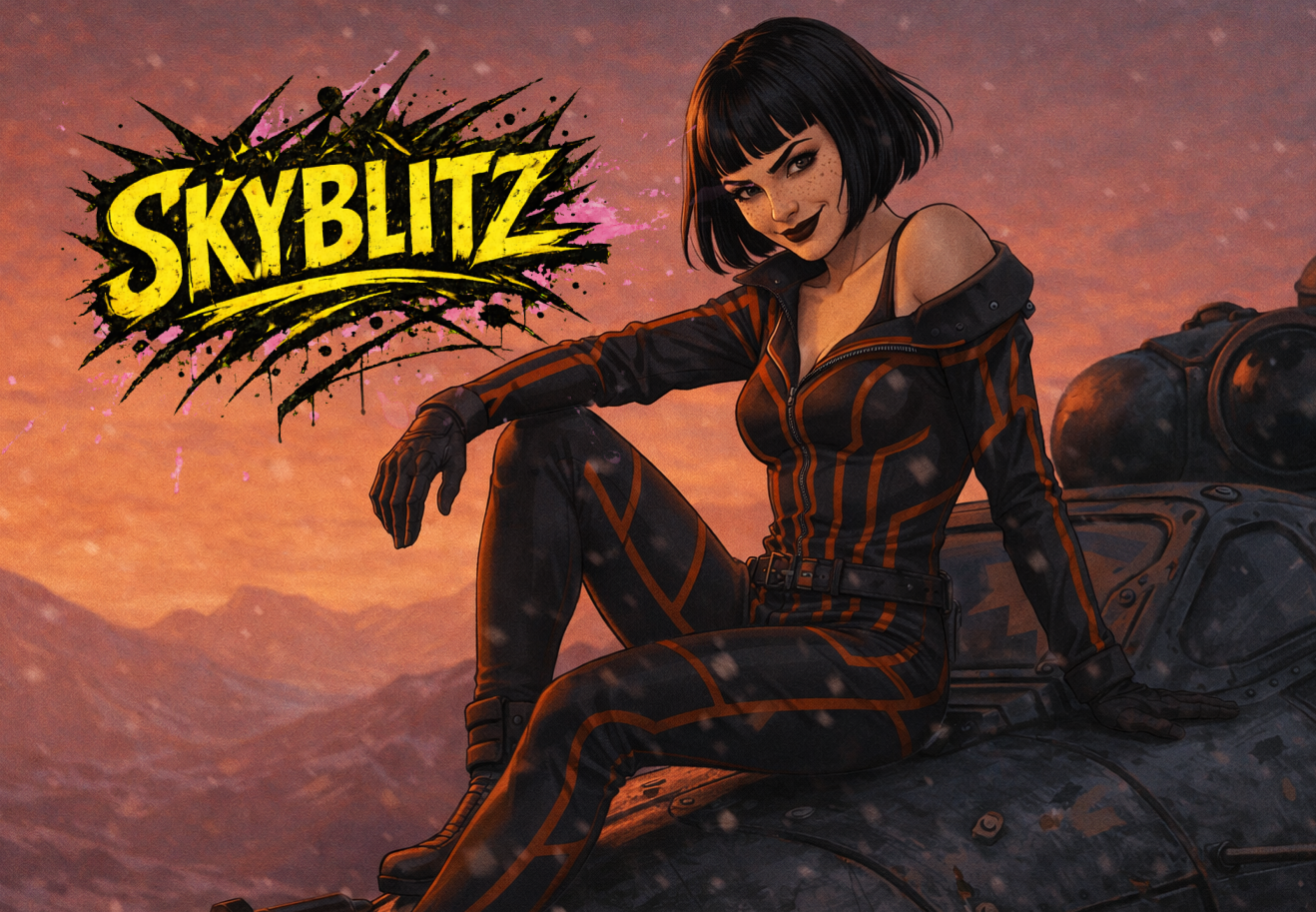 Arisha RU Pilot SKYBLITZ, Animated character sitting on a tank in front of a sunset sky with mountains in the background, with the Skyblitz logo in the top left corner.