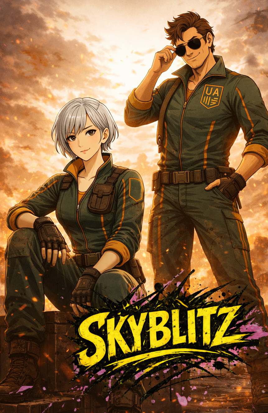 Wild Bill TWISTED SKYBLITZ, Two animated characters in military-style uniforms with the title 'Skyblitz' in bold yellow letters in front of a sunset sky with clouds and fiery sparks.